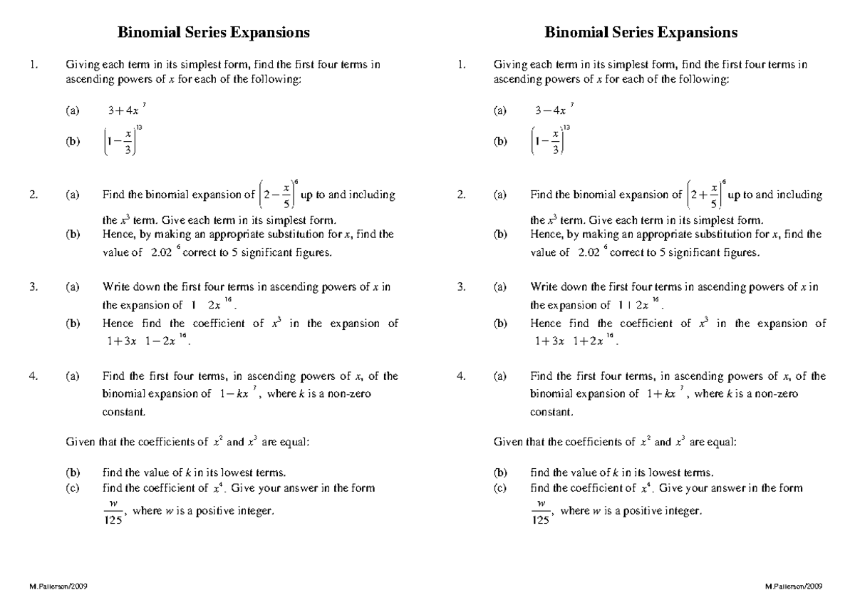 Binomial Expansions (Homework) - Finding First Four Terms - Studocu