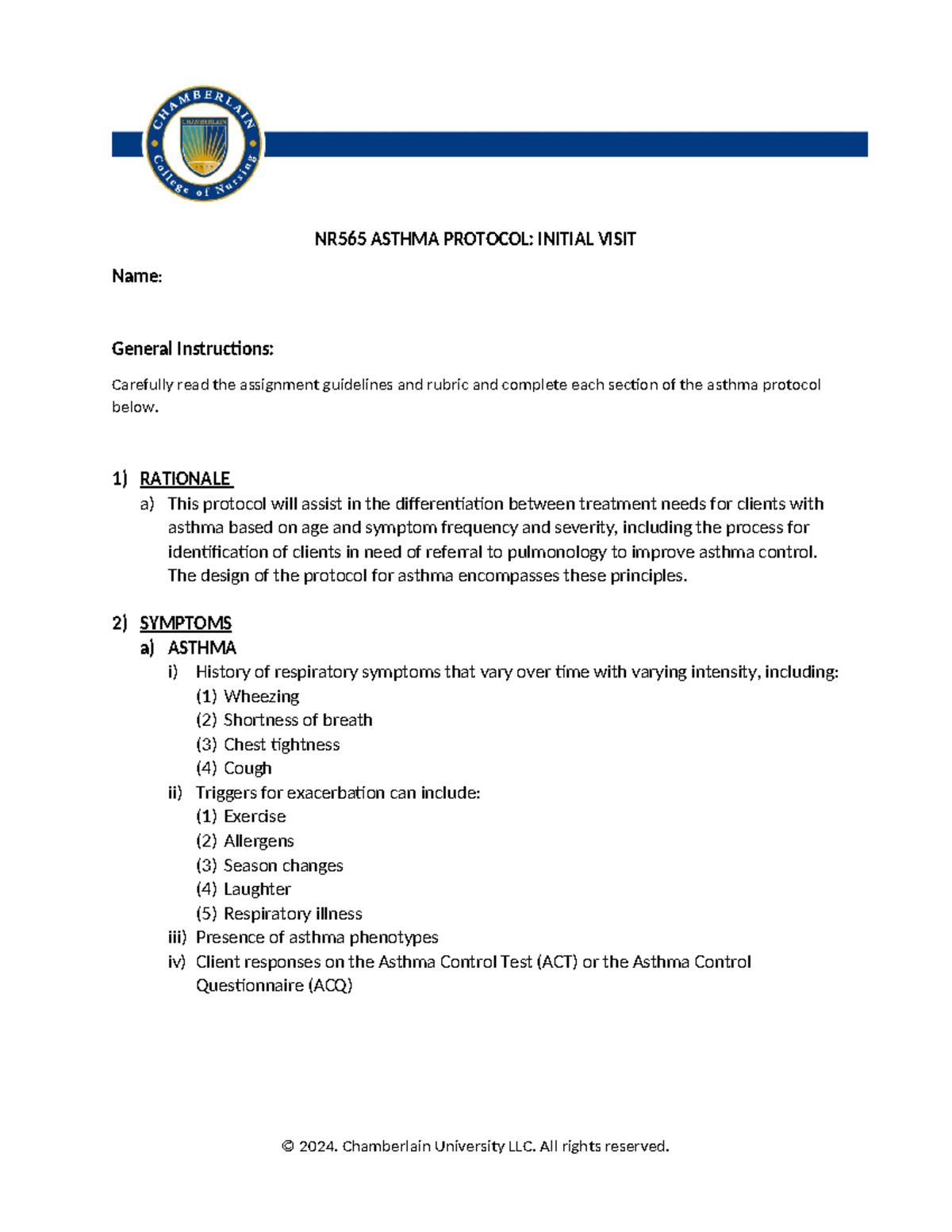NR565 Asthma Protocol for Initial Visit and Treatment Guidelines - Studocu