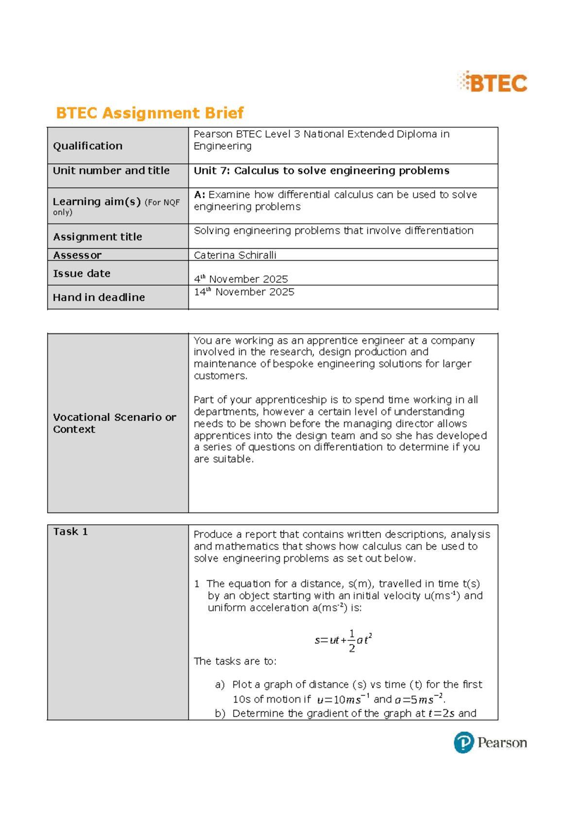 BTEC Level 3 Engineering Unit 7: Calculus for Problem Solving ...