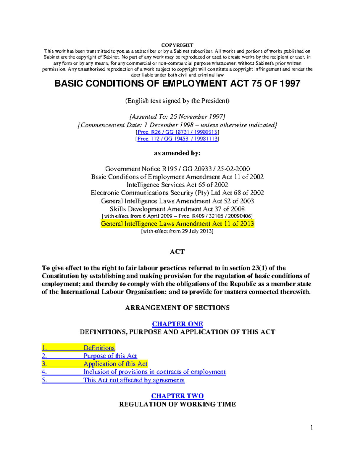 Basic Conditions of Employment Act 75 of 1997 Overview - Studocu