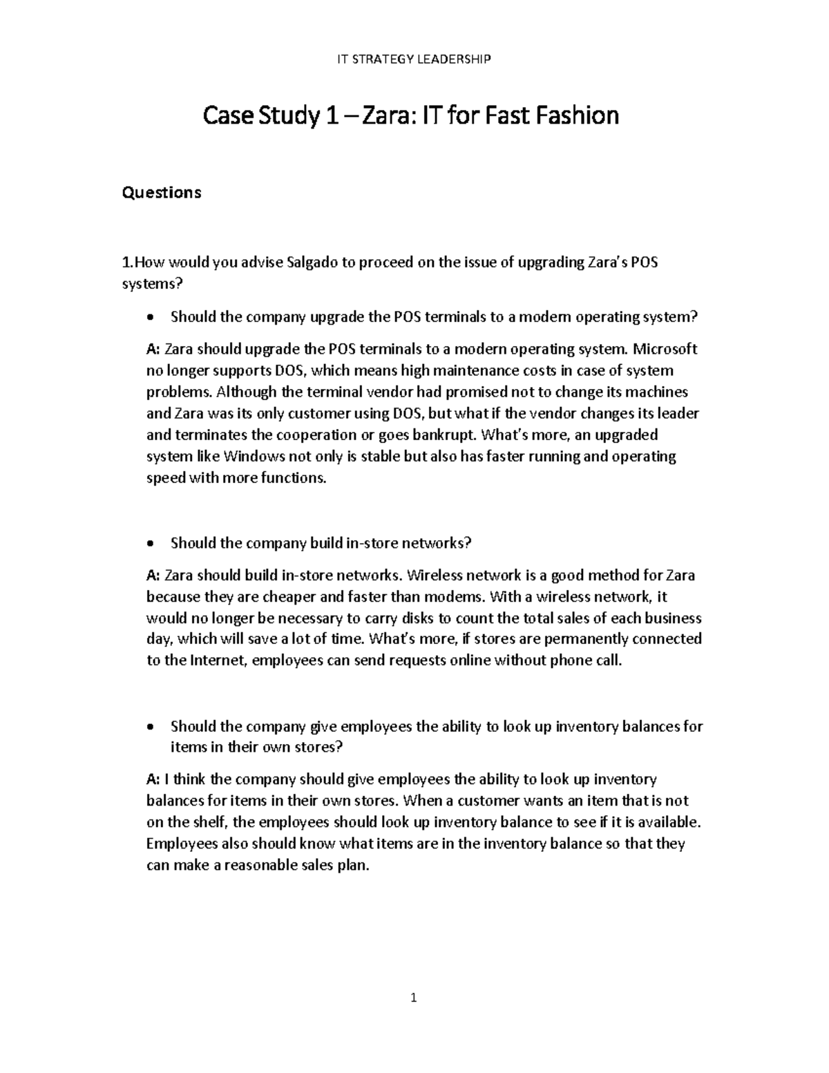 Zara Example - None - Case Study 1 – Zara: IT for Fast Fashion ...