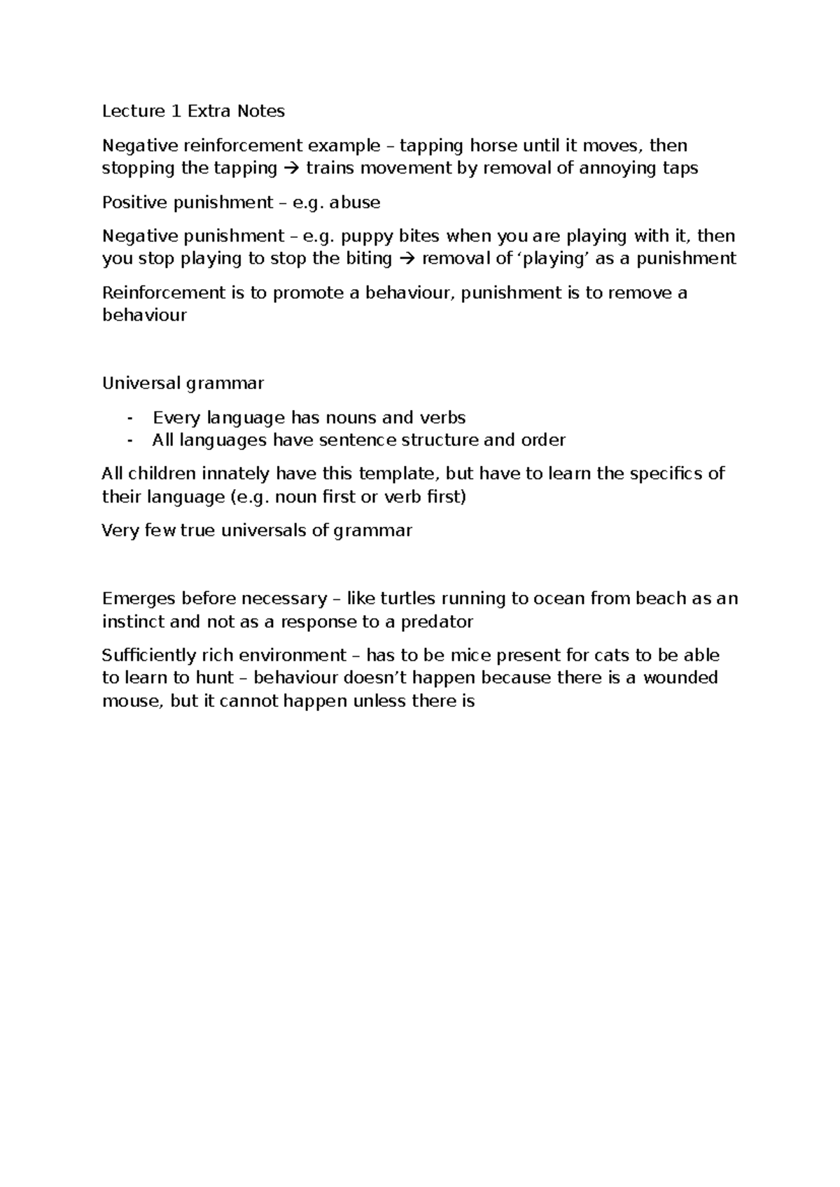 Lecture 1 Extra Notes: Negative Reinforcement & Universal Grammar - Studocu