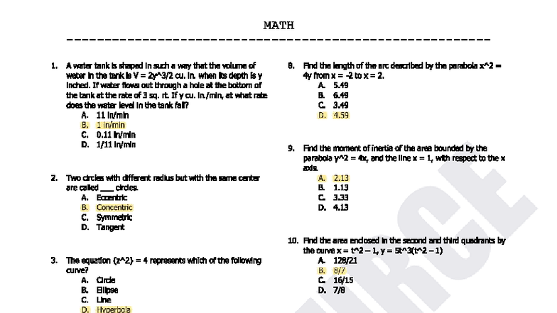 MATH 1: Water Tank Volume and Related Calculations - Studocu