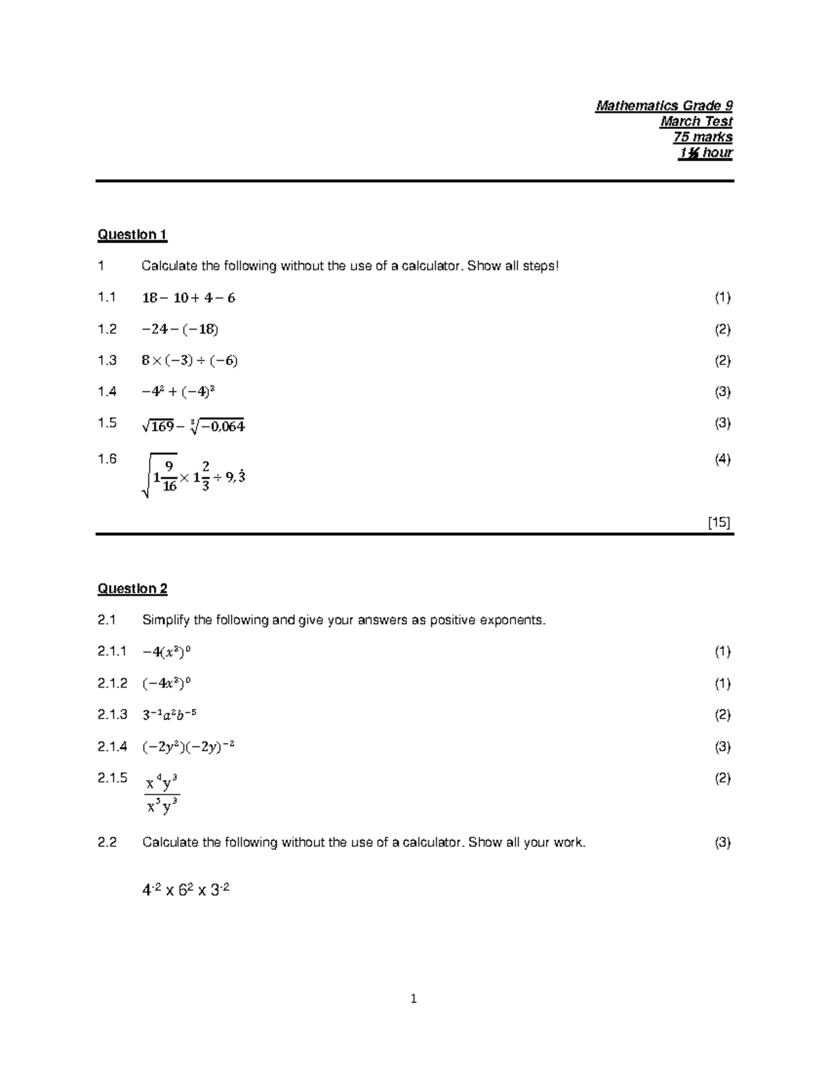 Mathematics Grade 9 March Test - 75 Marks (1½ Hour) - Studocu