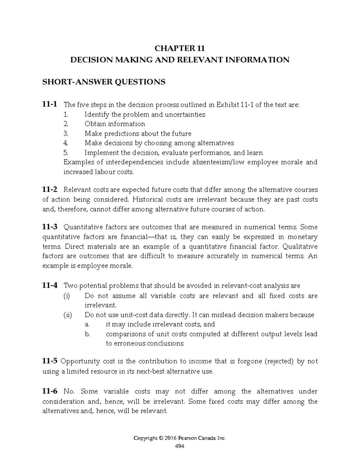 Solution Manual for Cost Accounting - Chapter 11: Decision Making - Studocu