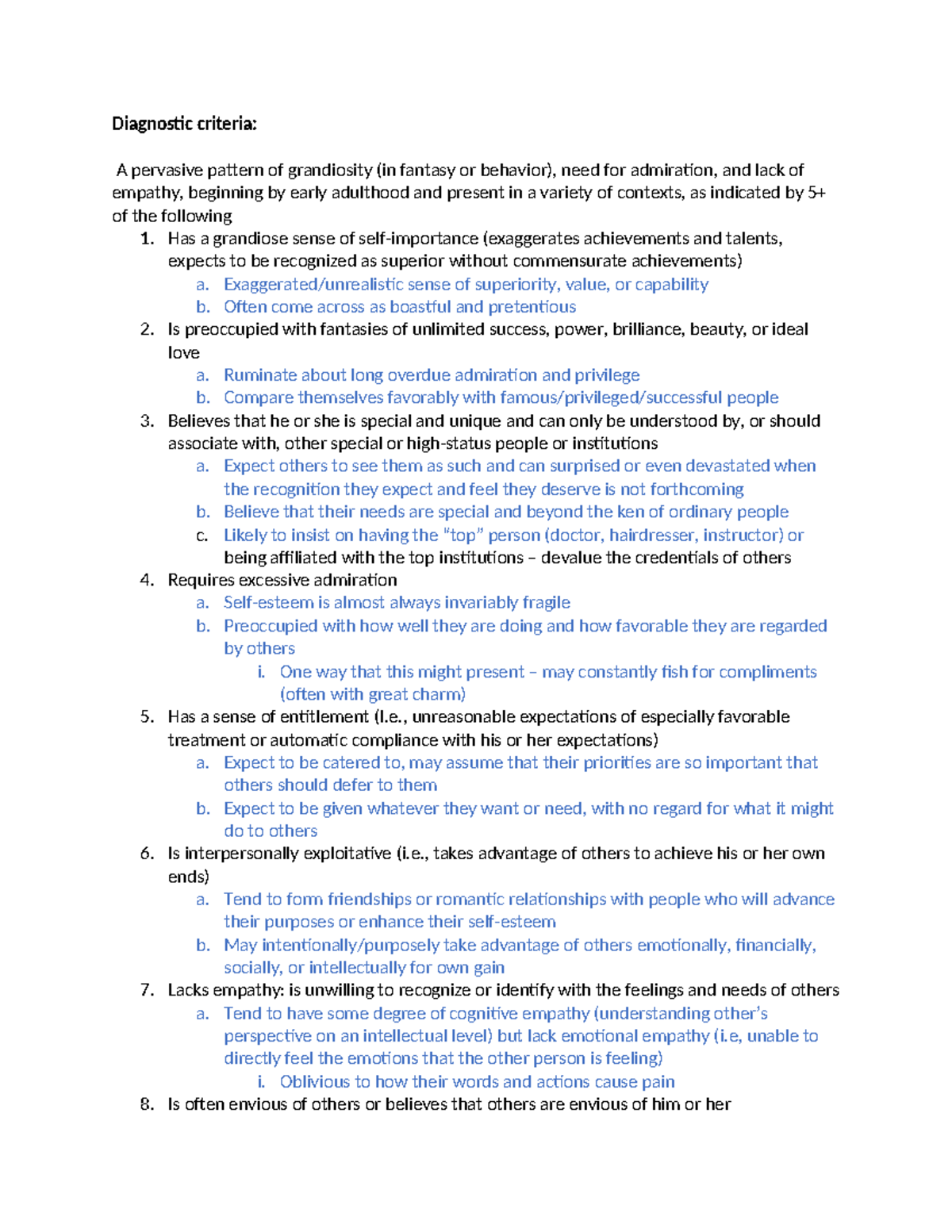 Narcissistic Personality Disorder - Diagnostic criteria: A pervasive ...