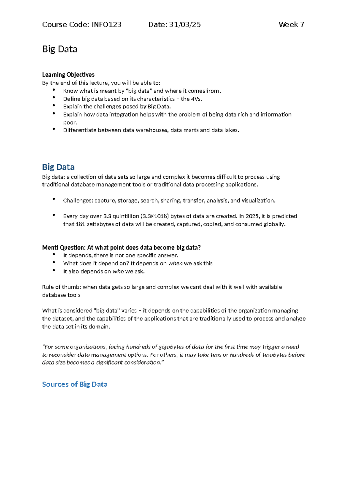2025 31 March INFO123 W7 Notes - Big Data Learning Objectives By the ...