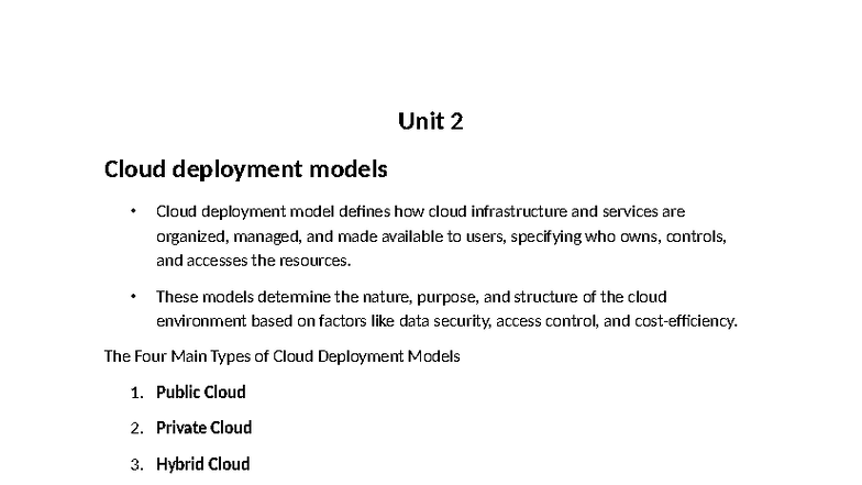 Unit 2: Cloud Deployment Models and Services Overview - Studocu