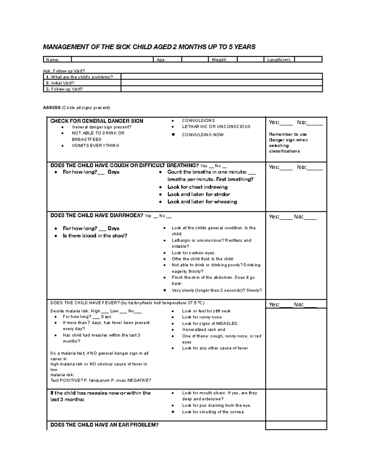 IMCI 2-5 Assessment Form - Child Health Management Worksheet 1 - Studocu