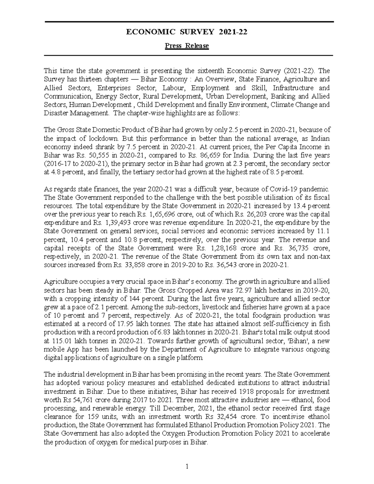 Press Release (English) - 1 ECONOMIC SURVEY 2021- Press Release This ...