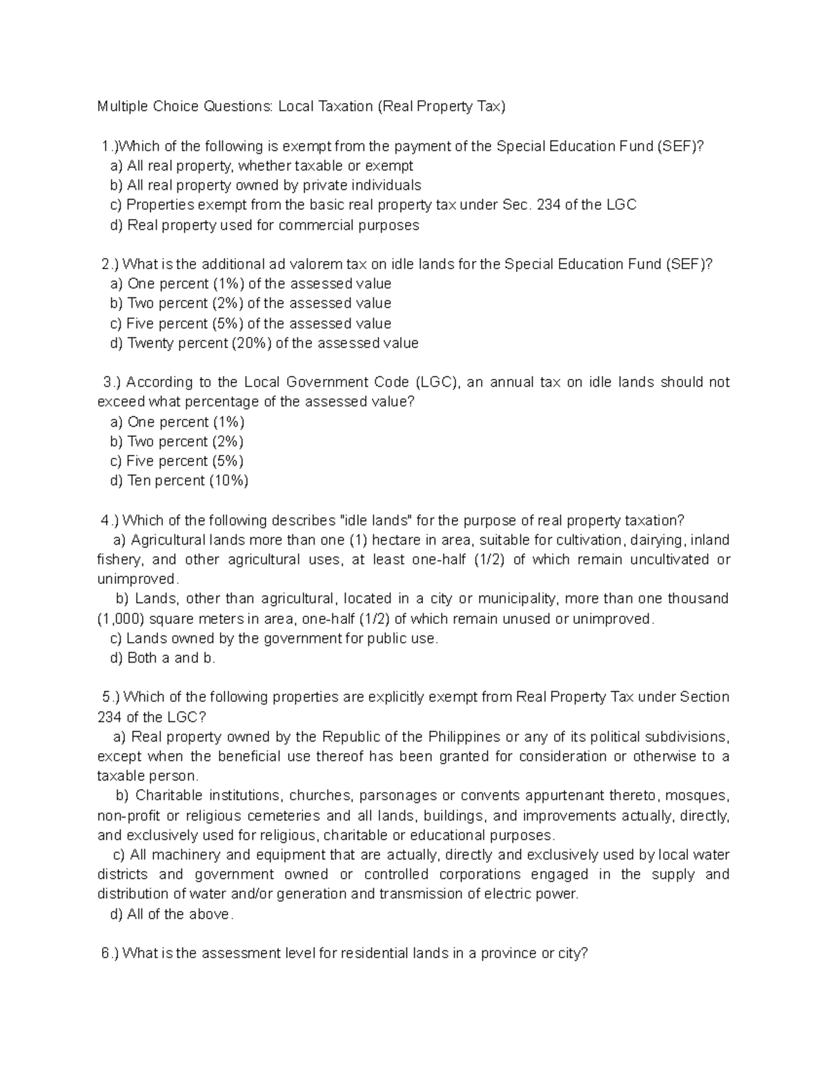 Real Property Tax MCQs: Local Taxation (RPT 101) - Studocu