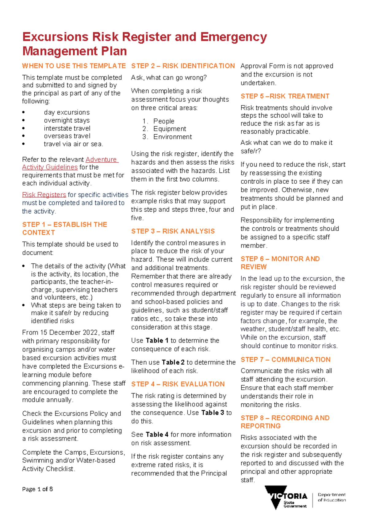 Year 12 Excursion Risk Register & Emergency Management Plan - Studocu