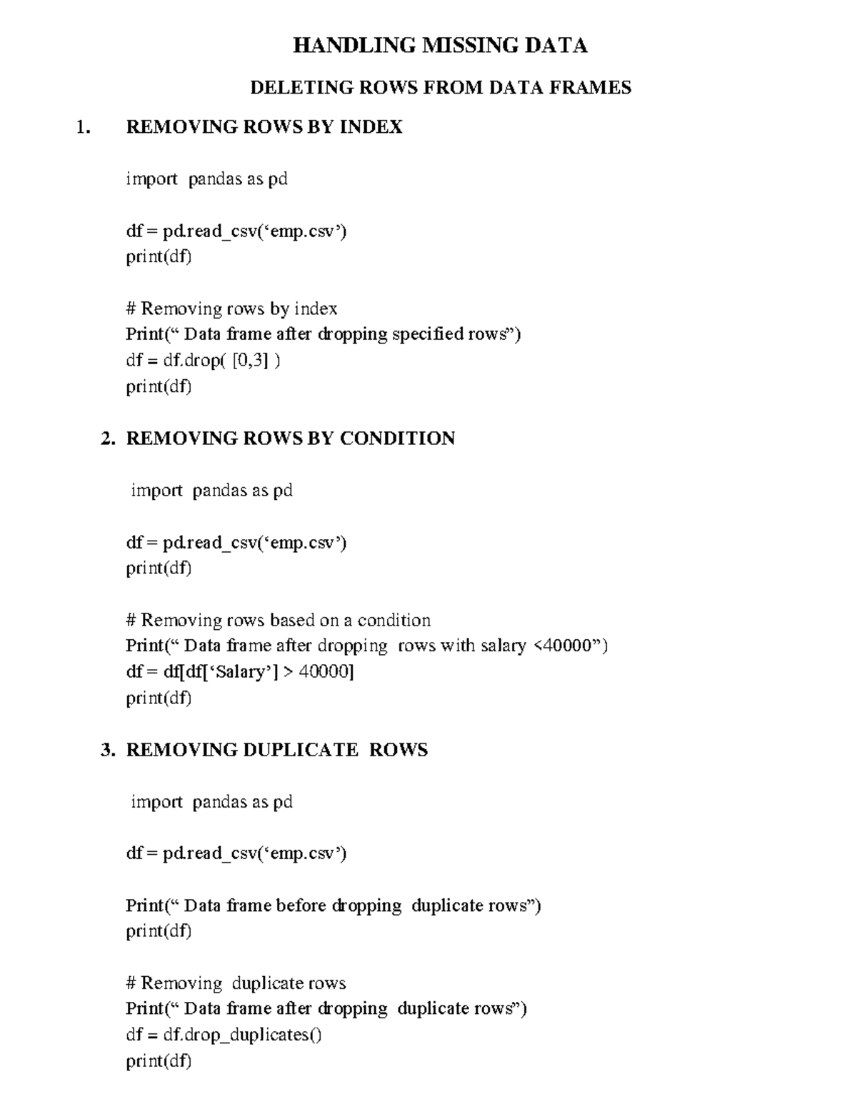 Handling Missing Data - Notes on Deleting Rows from DataFrames - Studocu