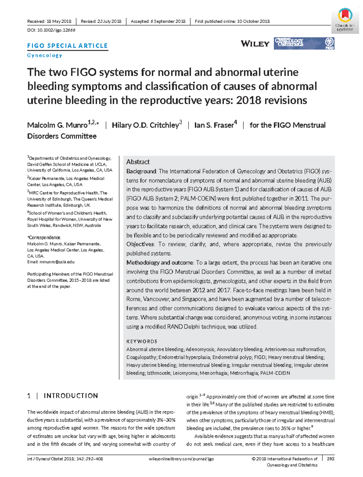 FIGO 2018 Revisions: Classification of Abnormal Uterine Bleeding - Studocu