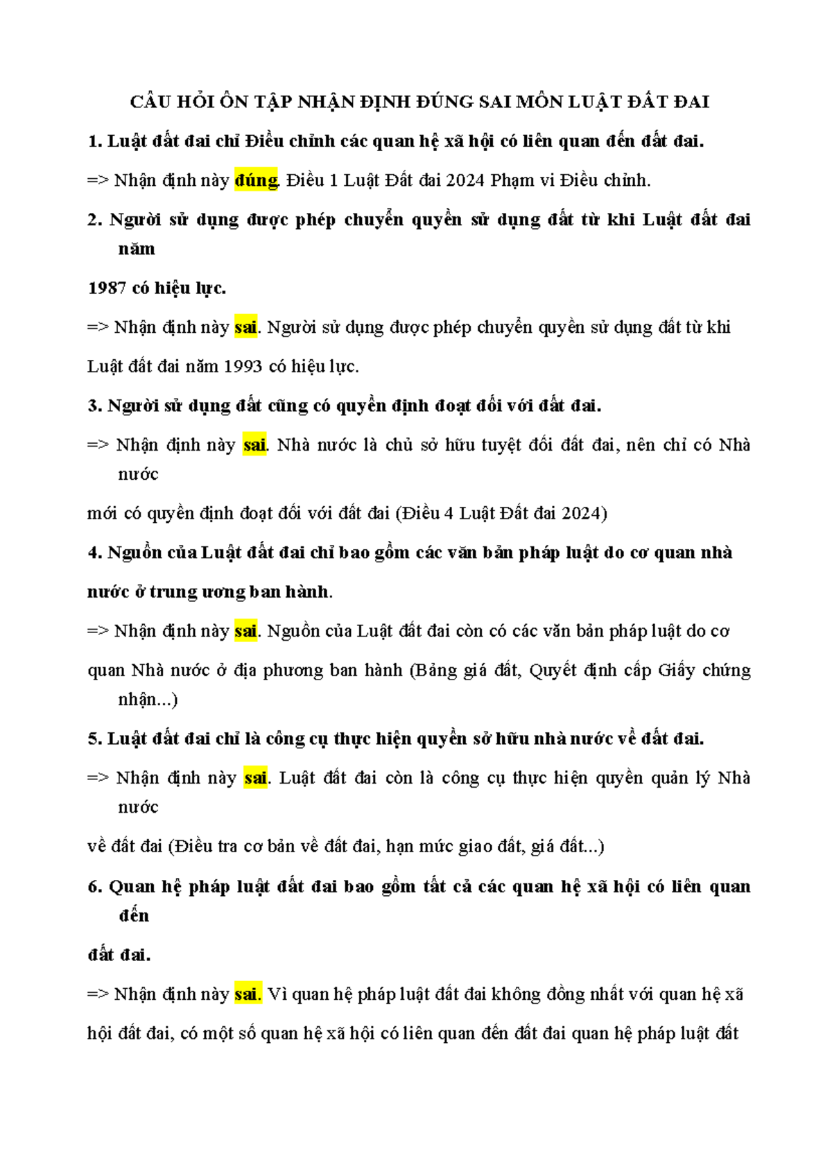 Câu Hỏi Ôn Tập Nhận Định Đúng Sai Môn Luật Đất Đai 2024 - Document Preview