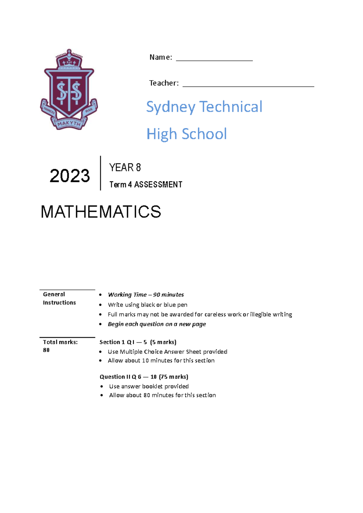 Year 8 Mathematics Term 4 Assessment Practice Test 2023 - Studocu