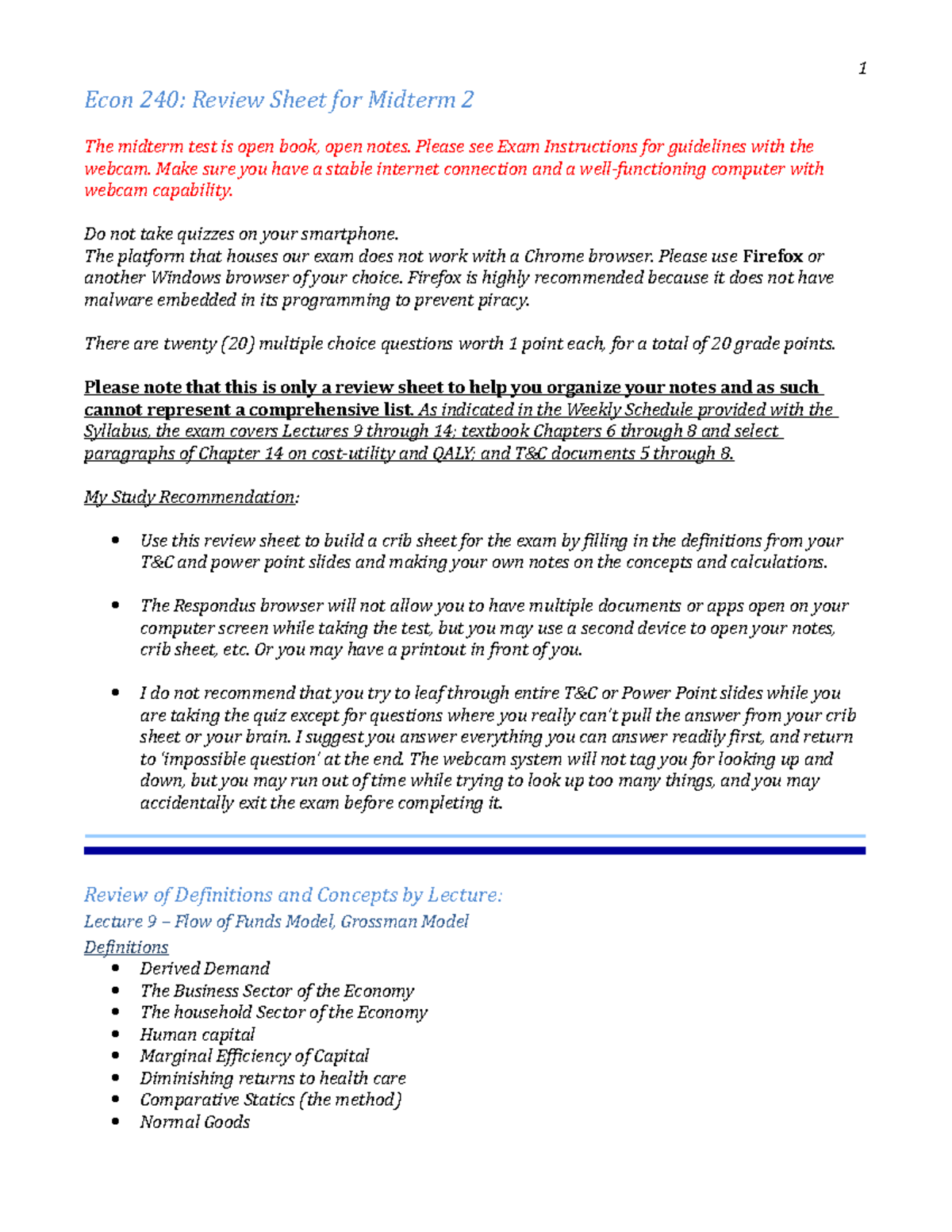 Econ 240 Midterm 2 Review Sheet: Key Concepts and Definitions - Studocu