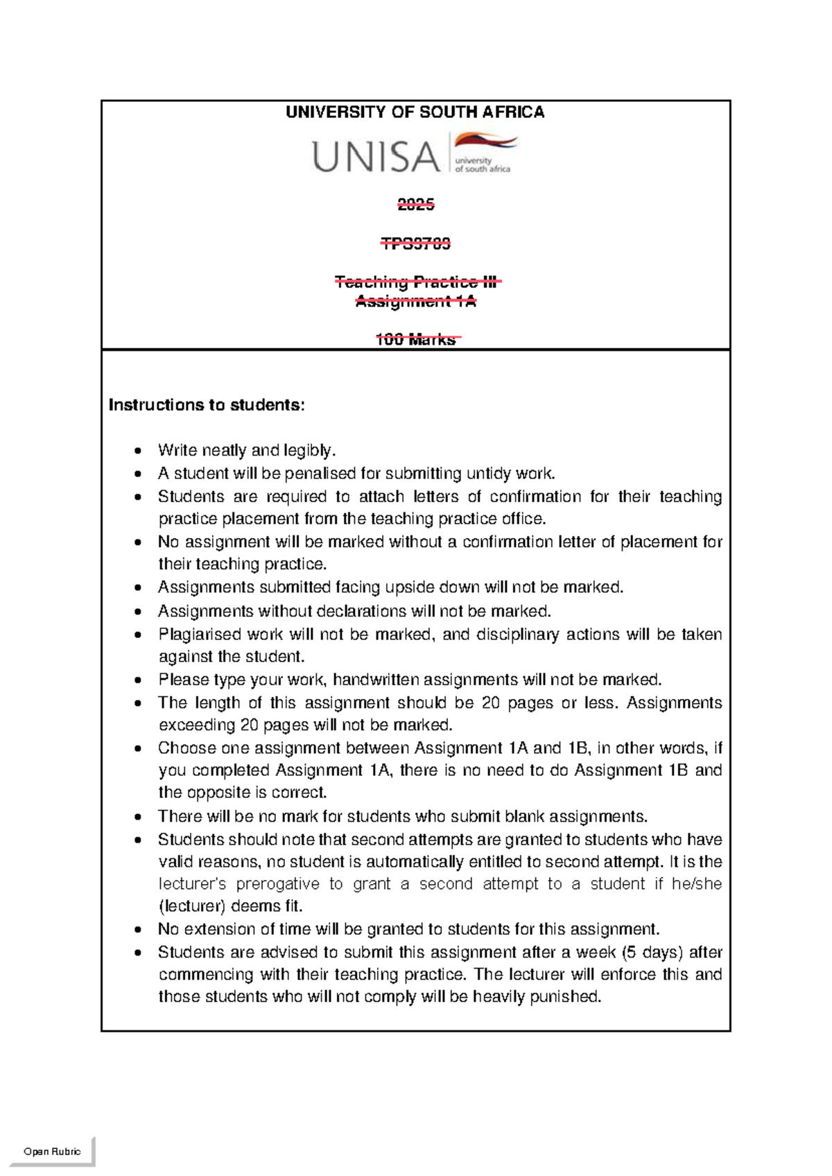 TPS3703 Teaching Practice Assignment 1A Guidelines - 2025 - Studocu