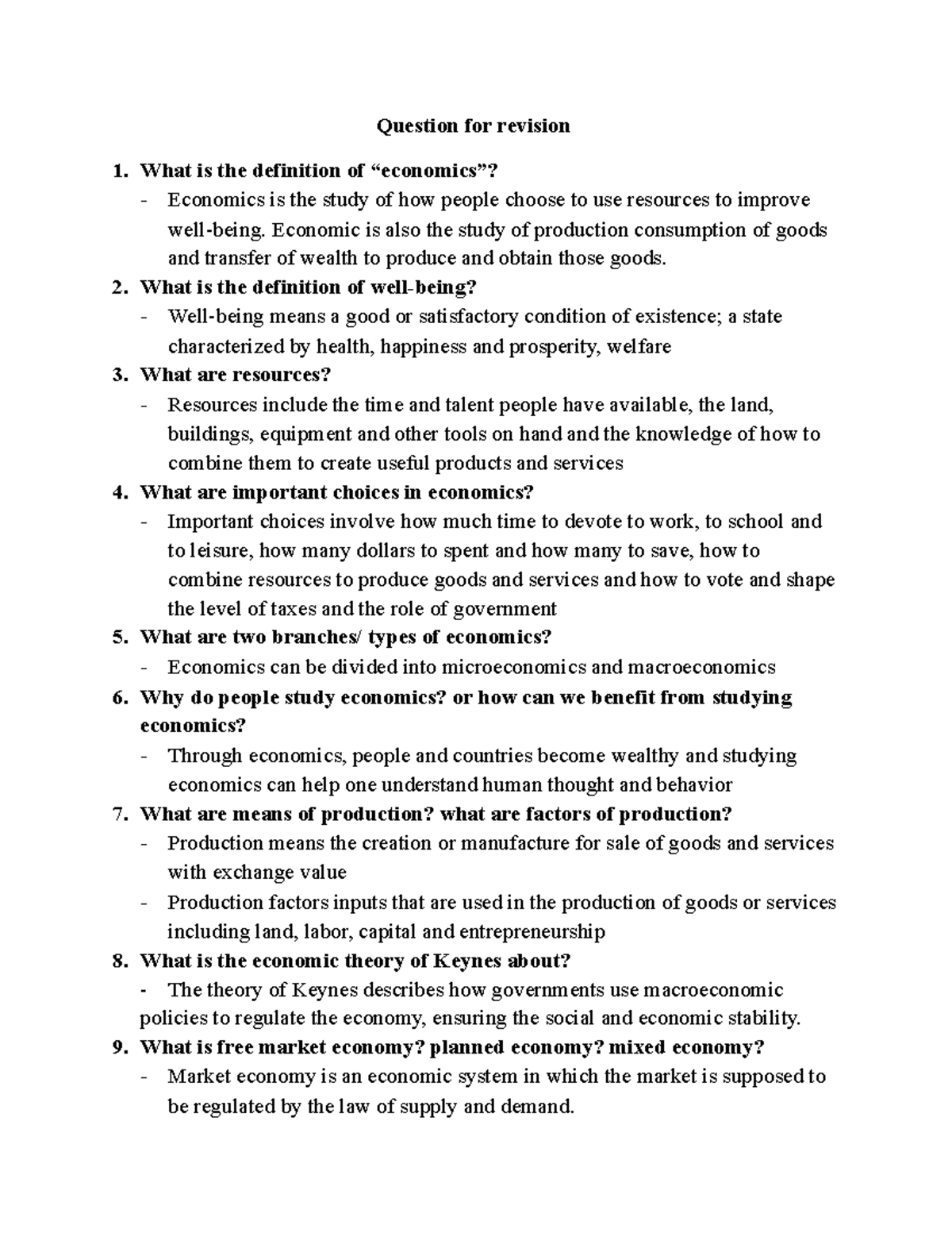 Economics Revision Questions for Course Code: ECON 101 - Studocu