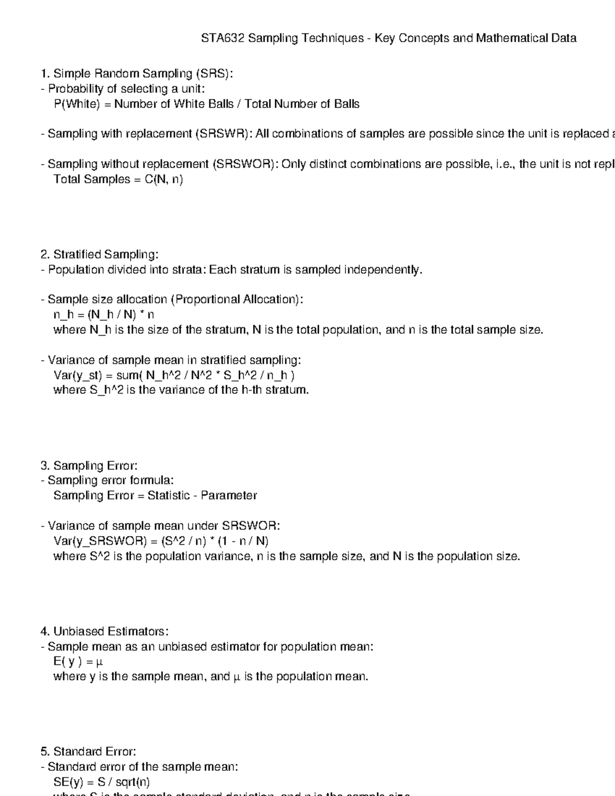 STA632 Sampling Techniques: Key Concepts & Mathematical Insights - Studocu
