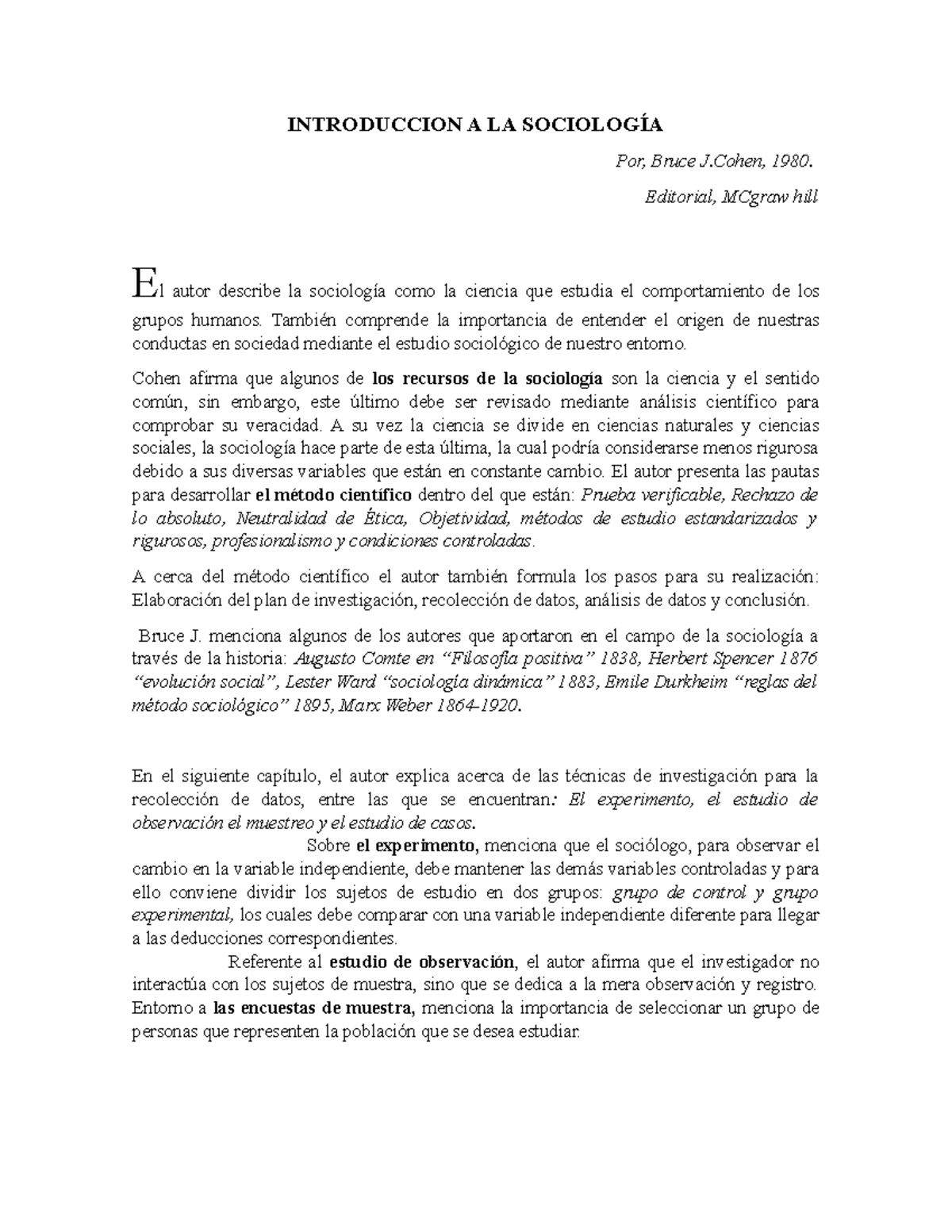 Introducción a la Sociología: Principios y Métodos de Estudio - Studocu
