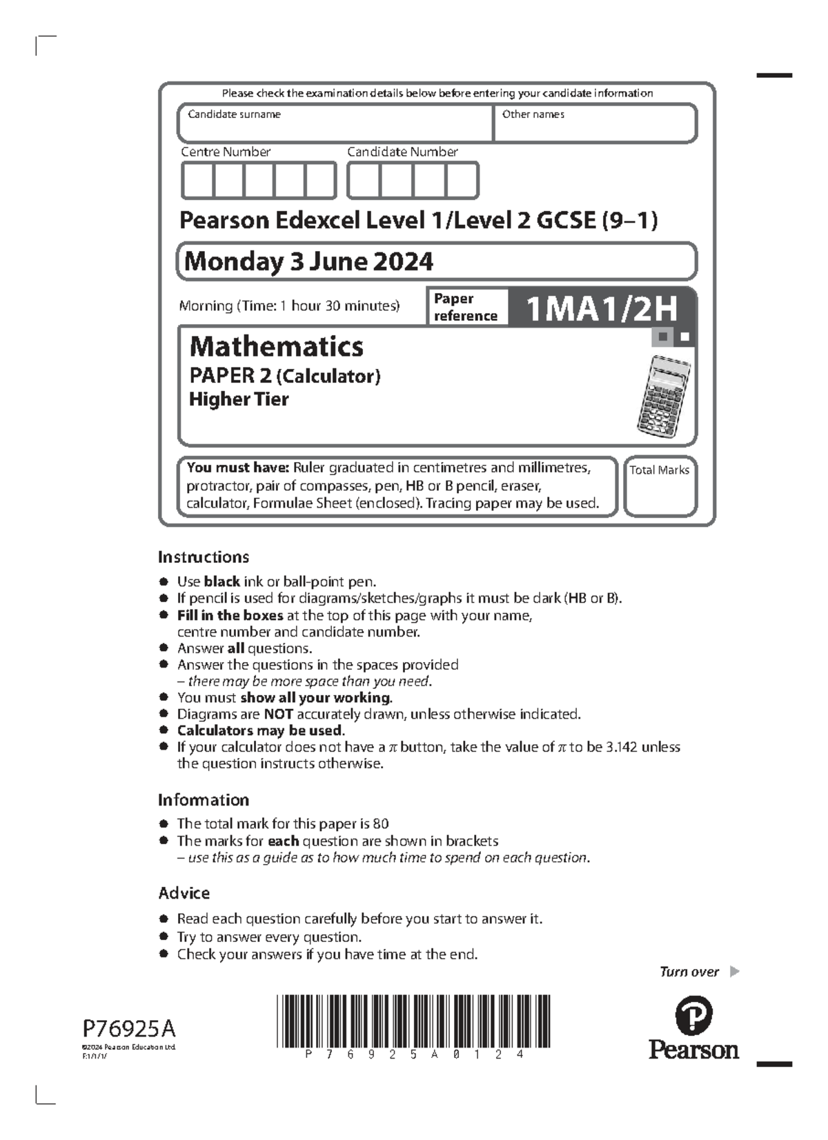 June 2024 - Edexcel Level 2 GCSE Mathematics Paper 2 Exam Details - Studocu