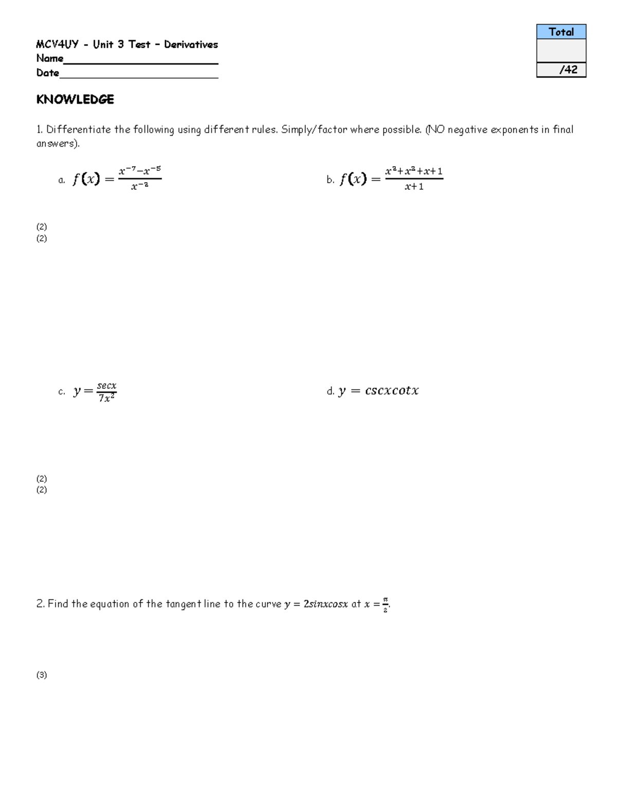 APCalc 12 Unit 3 Test: Derivatives and Tangent Lines - Studocu