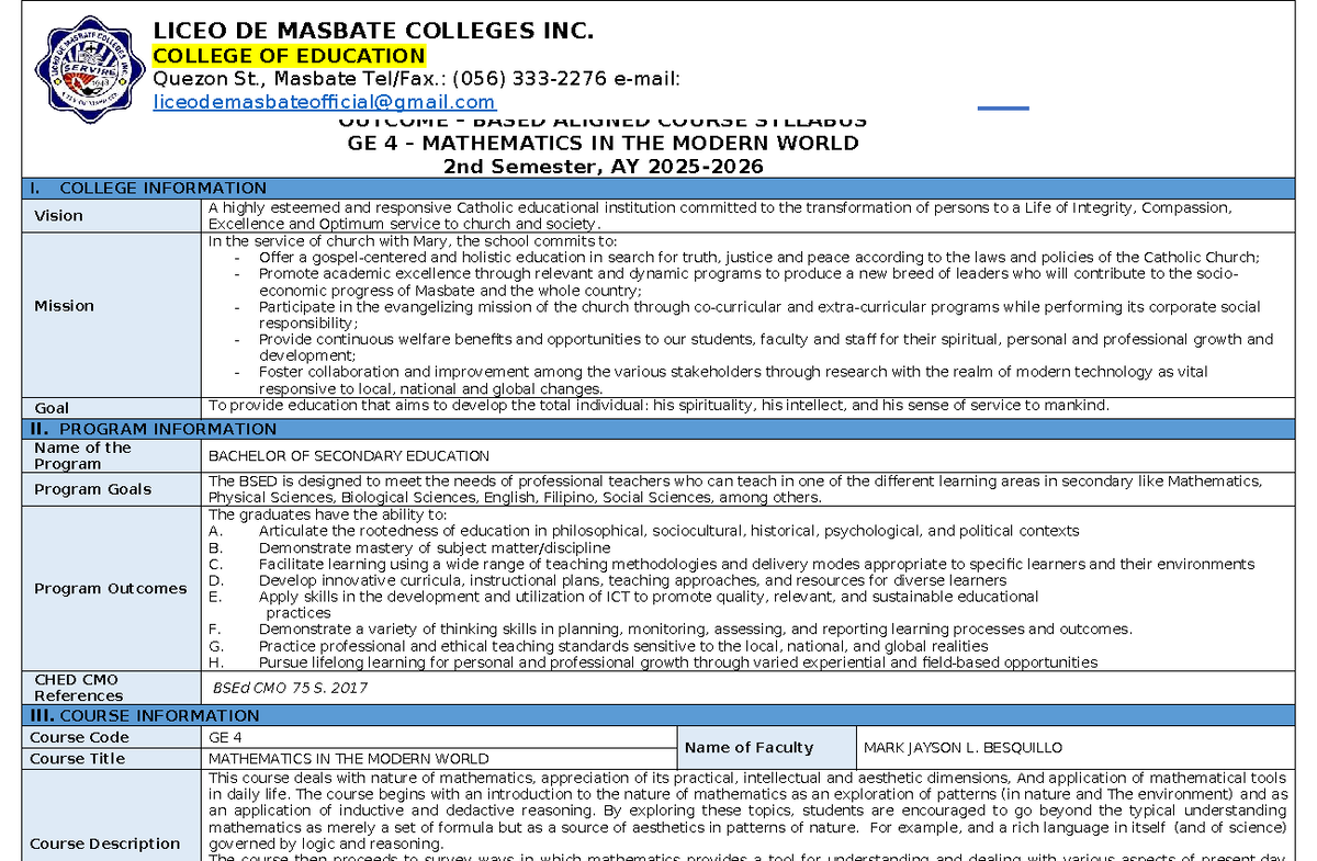 BSED GE 4: Mathematics in the Modern World Syllabus Overview - Studocu