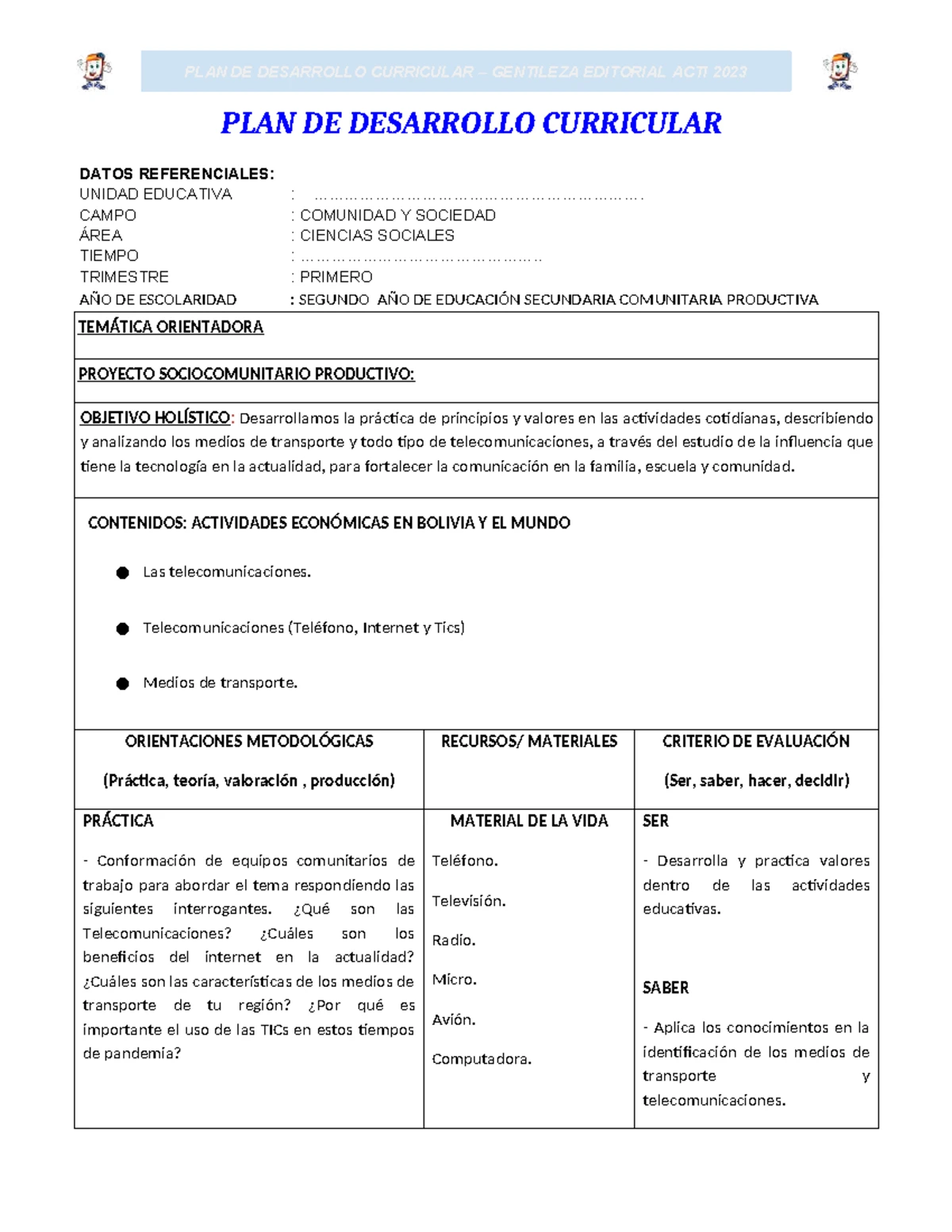 C. Sociales 1° AÑO - PLAN DE DESARROLLO CURRICULAR 2023 - Studocu