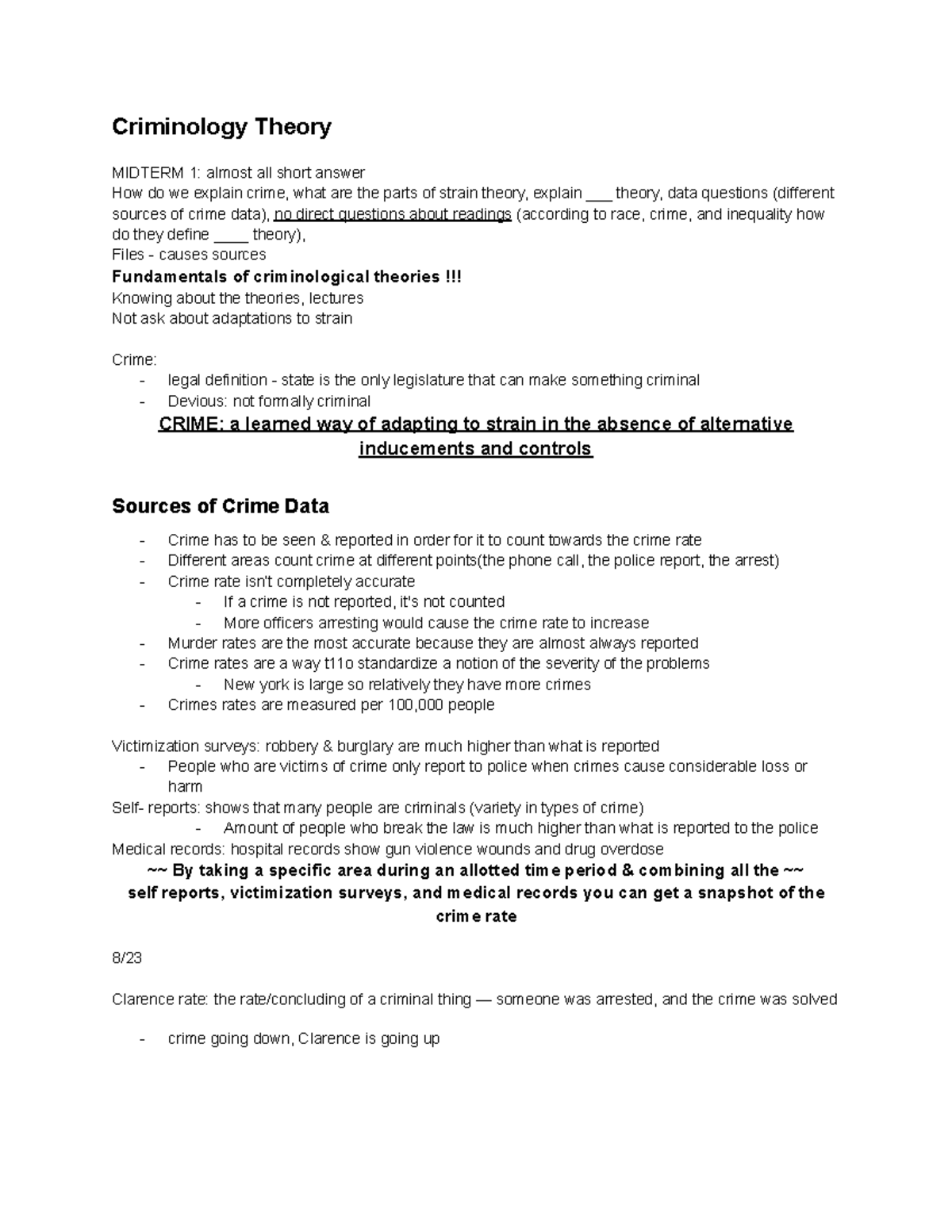 Criminology Theory MIDTERM 1: Key Concepts and Explanations - Studocu