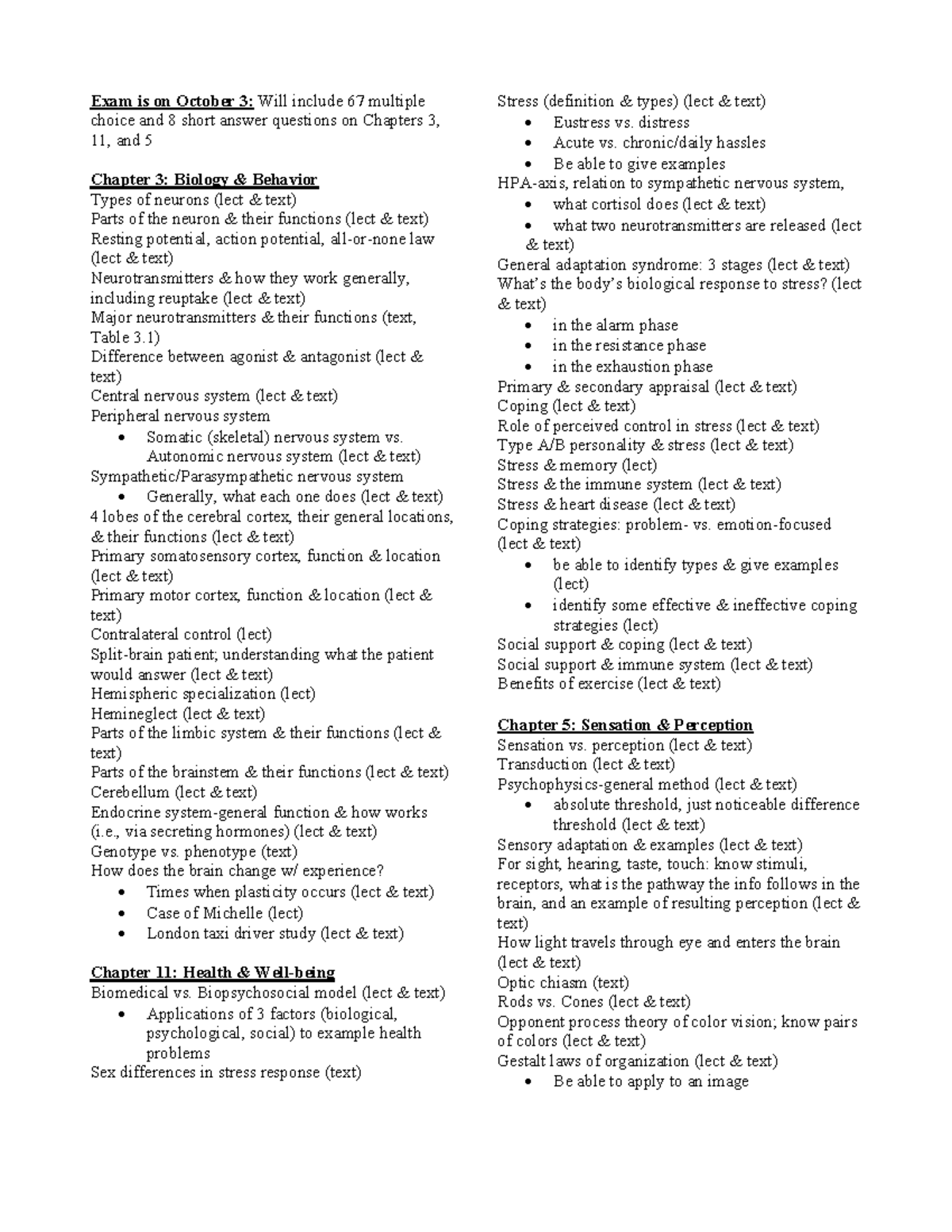 PSY 100 Exam 2 Review: Key Concepts from Chapters 3, 11, & 5 - Studocu