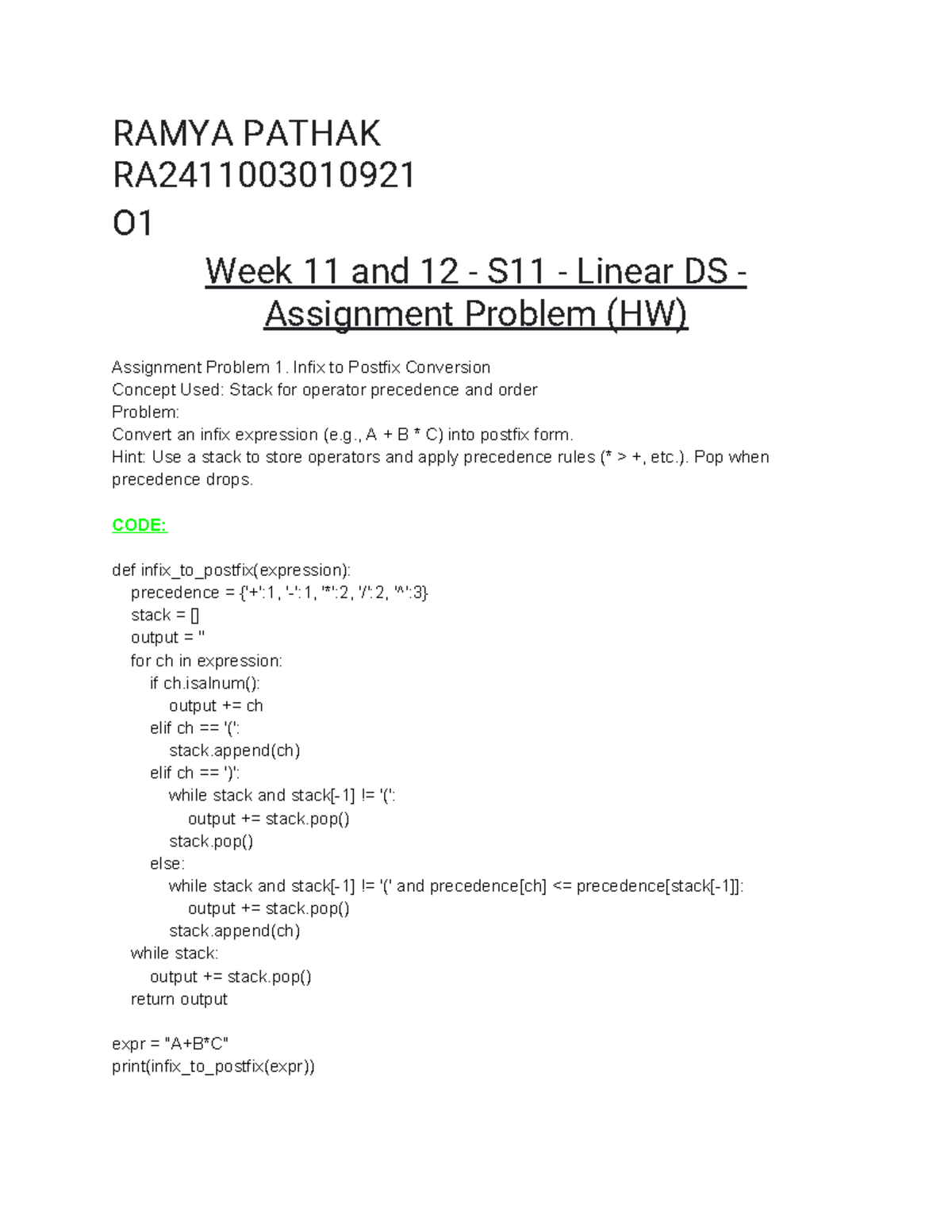 S11 Linear DS RA2411003010921 Week 11 & 12 Assignment Problems - Studocu