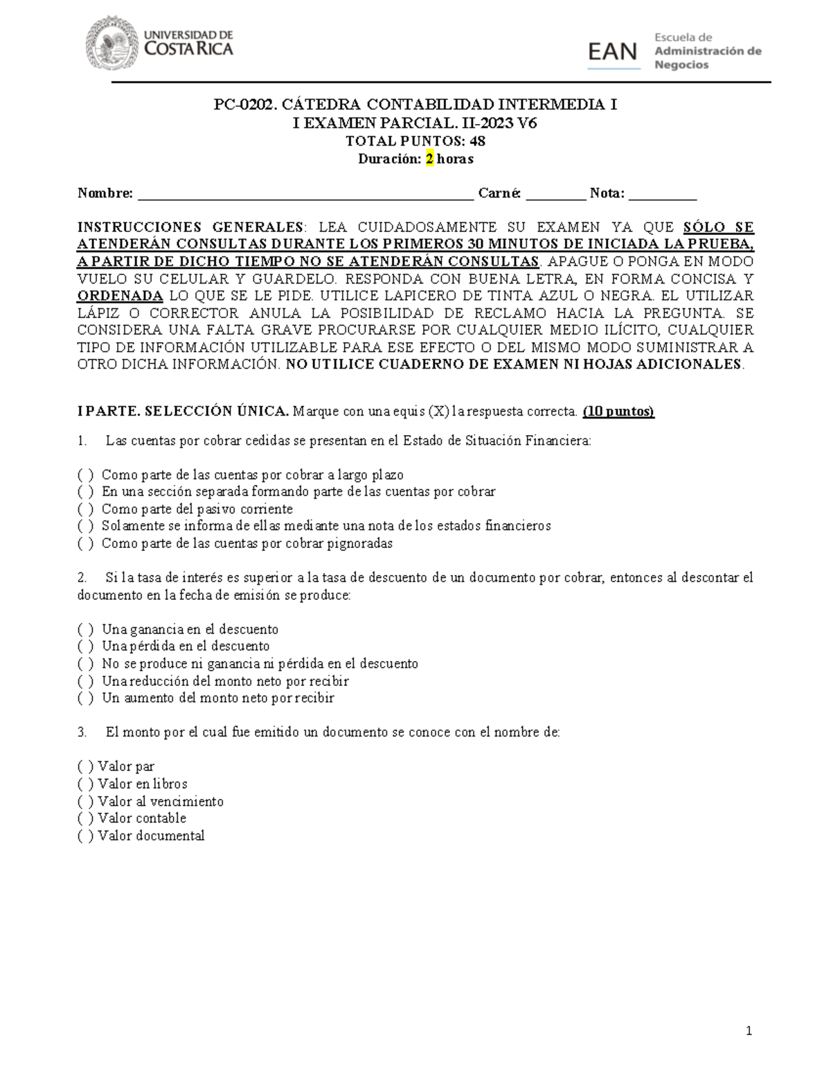 PC-0202 Examen Parcial II 2023 - Cátedra Contabilidad Intermedia I ...