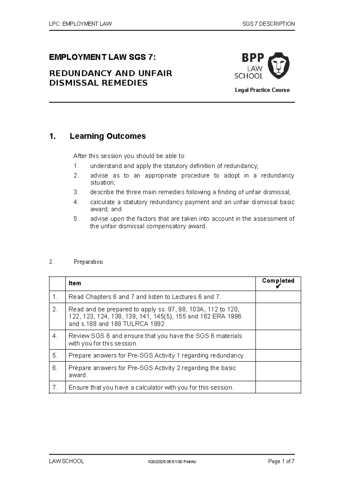 LPC: Employment Law SGS 7 - Redundancy & Unfair Dismissal Remedies ...