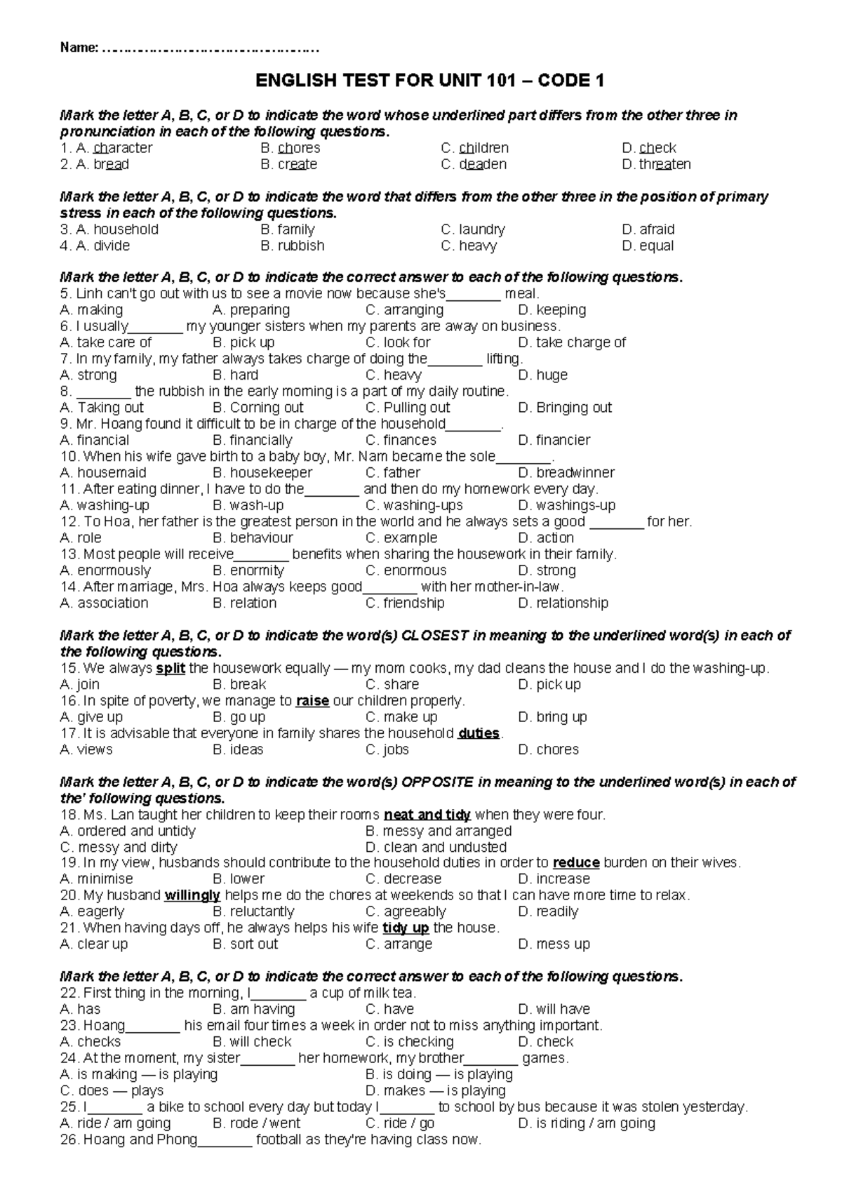 English Test: UNIT101-CODE-1 - Practice Questions and Answers - Studocu