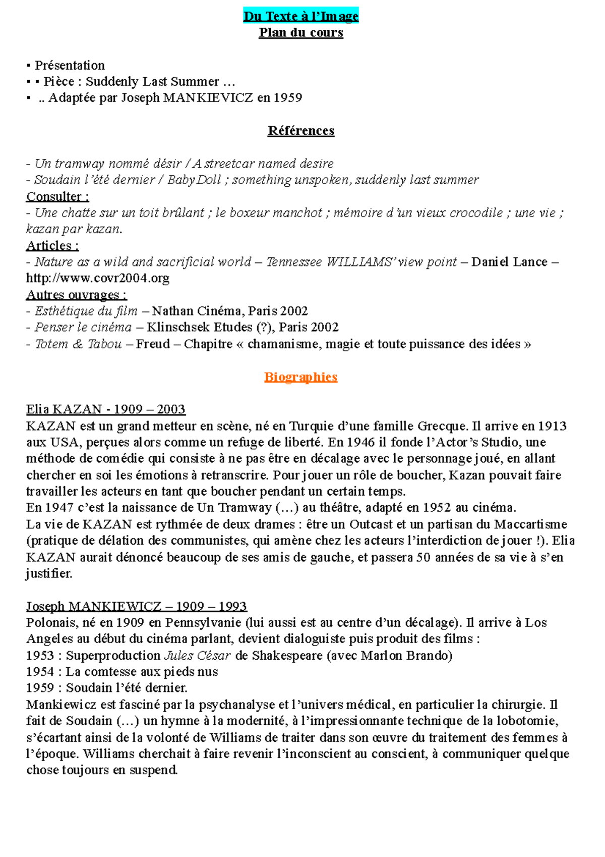 Texte et images - Cinema - Du Texte à l’Image Plan du cours ...