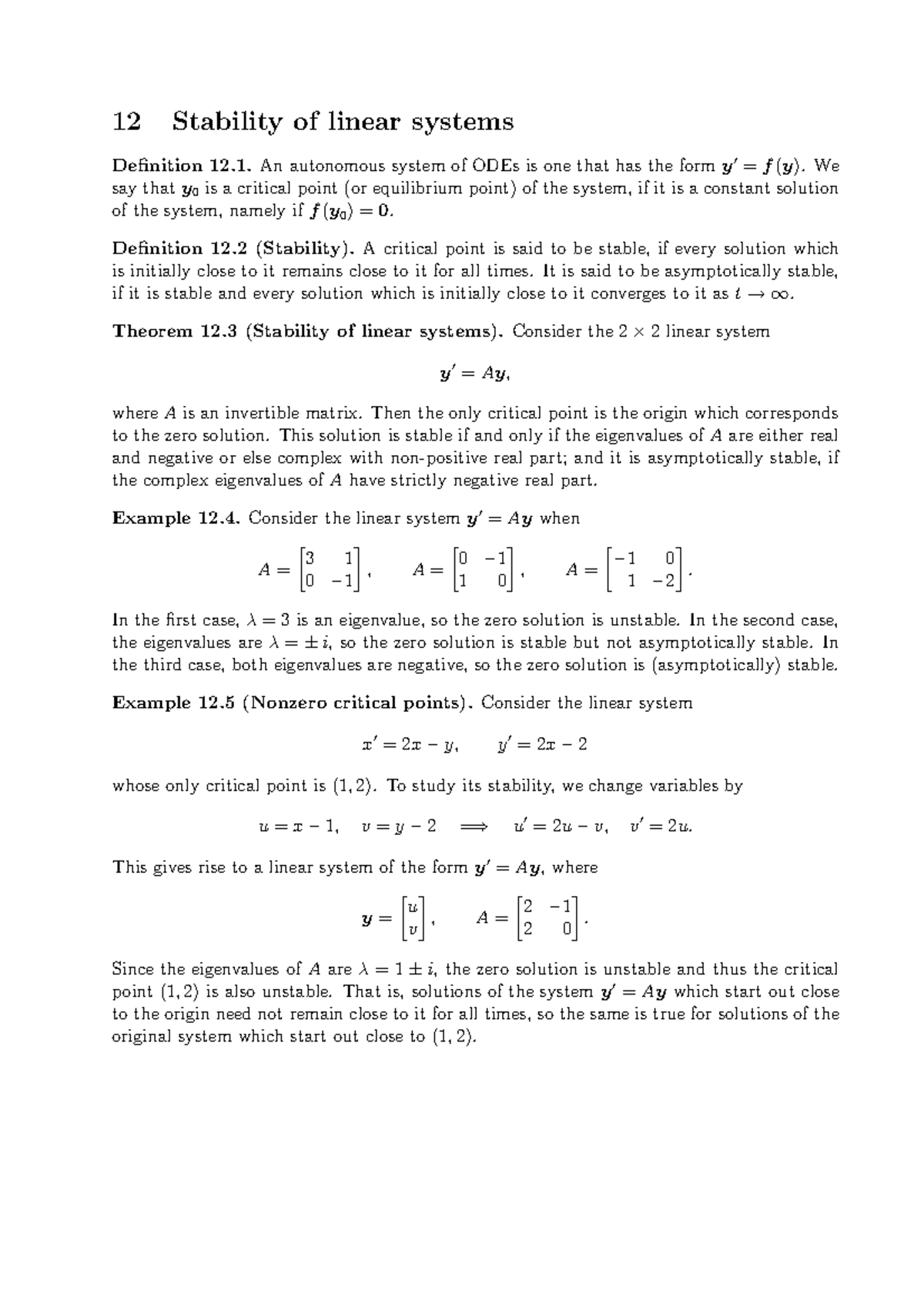 MA2327 2016-2017 Lecture Notes 12 - Stability of Linear Systems ...