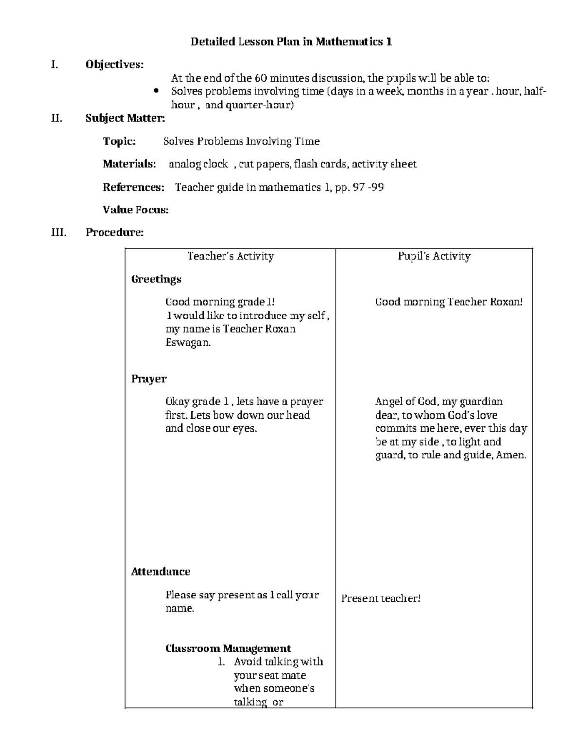 Mathematics 1 lesson plan: Solving problems involving time - Studocu