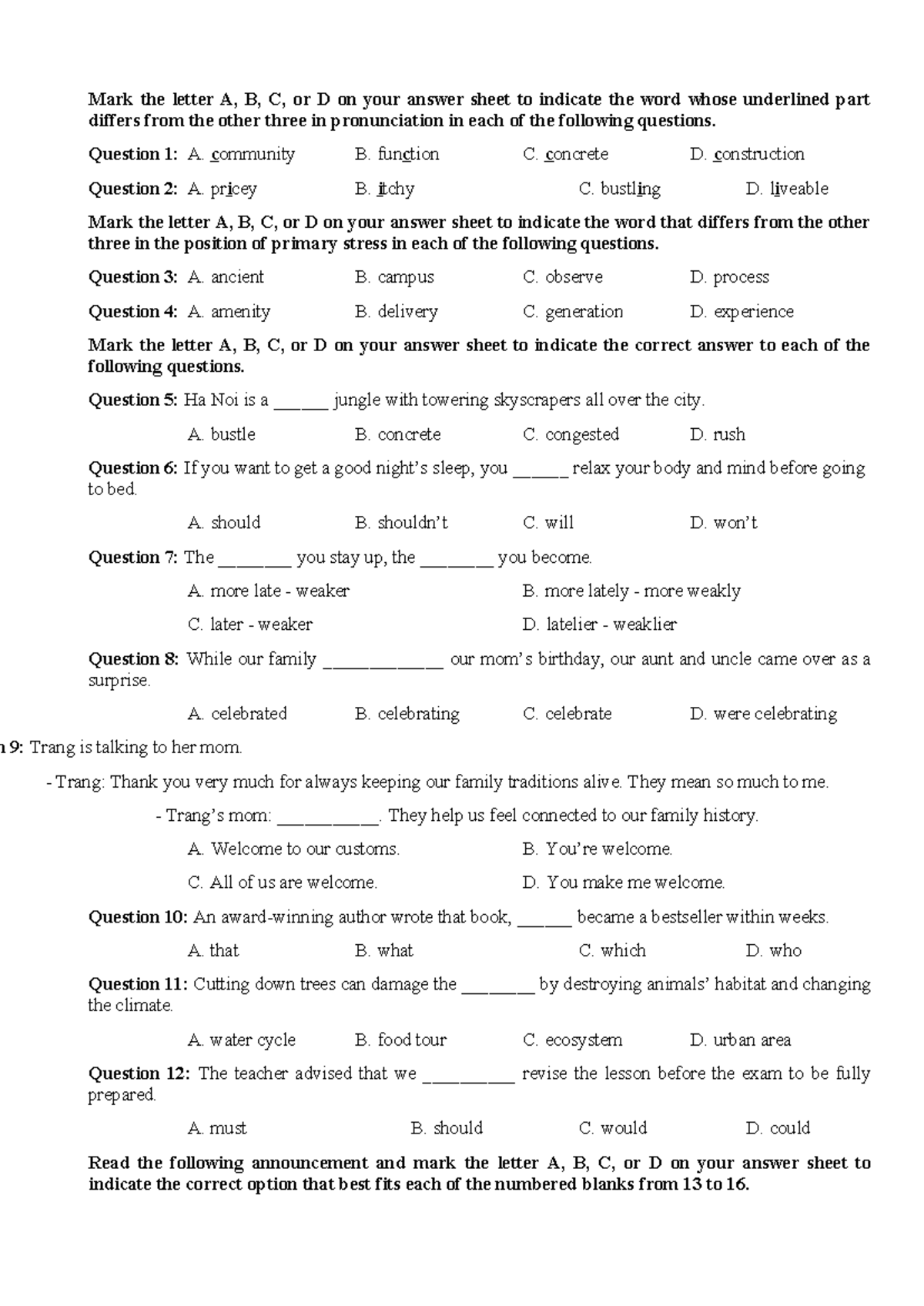 Pronunciation and Stress Practice Questions for English Language ...