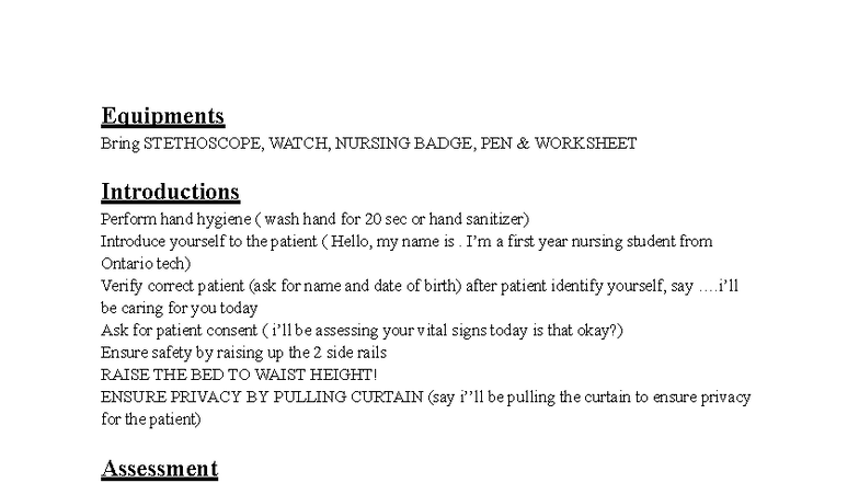 NURS 101 Vital Signs Assessment Script and Guidelines - Studocu