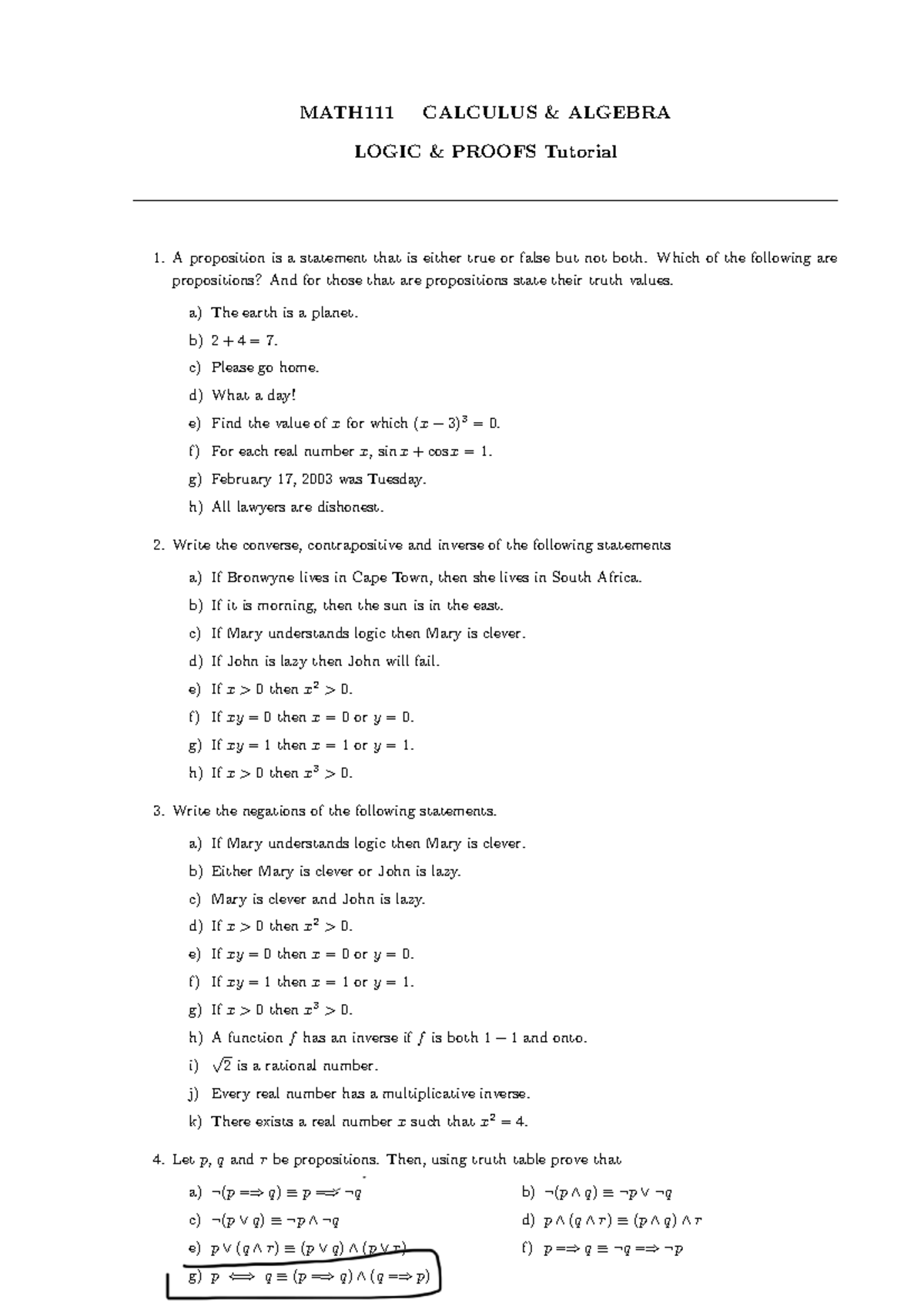 MATH 111 Tutorial 4: Propositions, Negations, and Truth Tables - Studocu