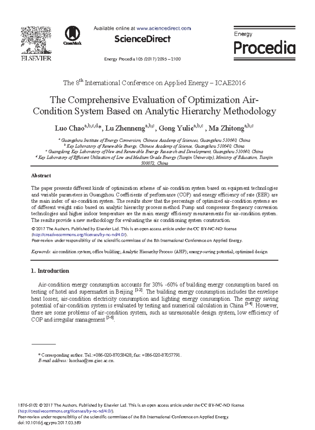 Comprehensive Evaluation of Air Conditioning Optimization (ICAE2016 ...