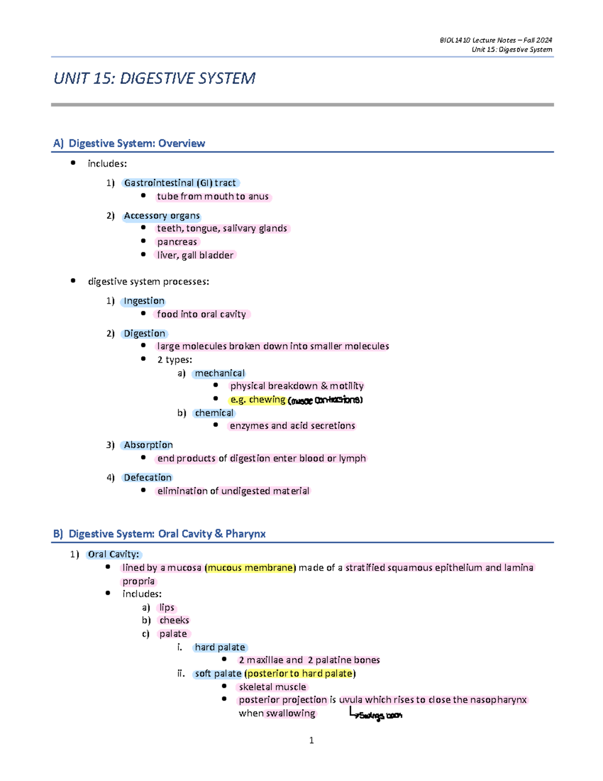 BIOL1410 Lecture Notes Fall 2024: Unit 15 - Digestive System Overview ...