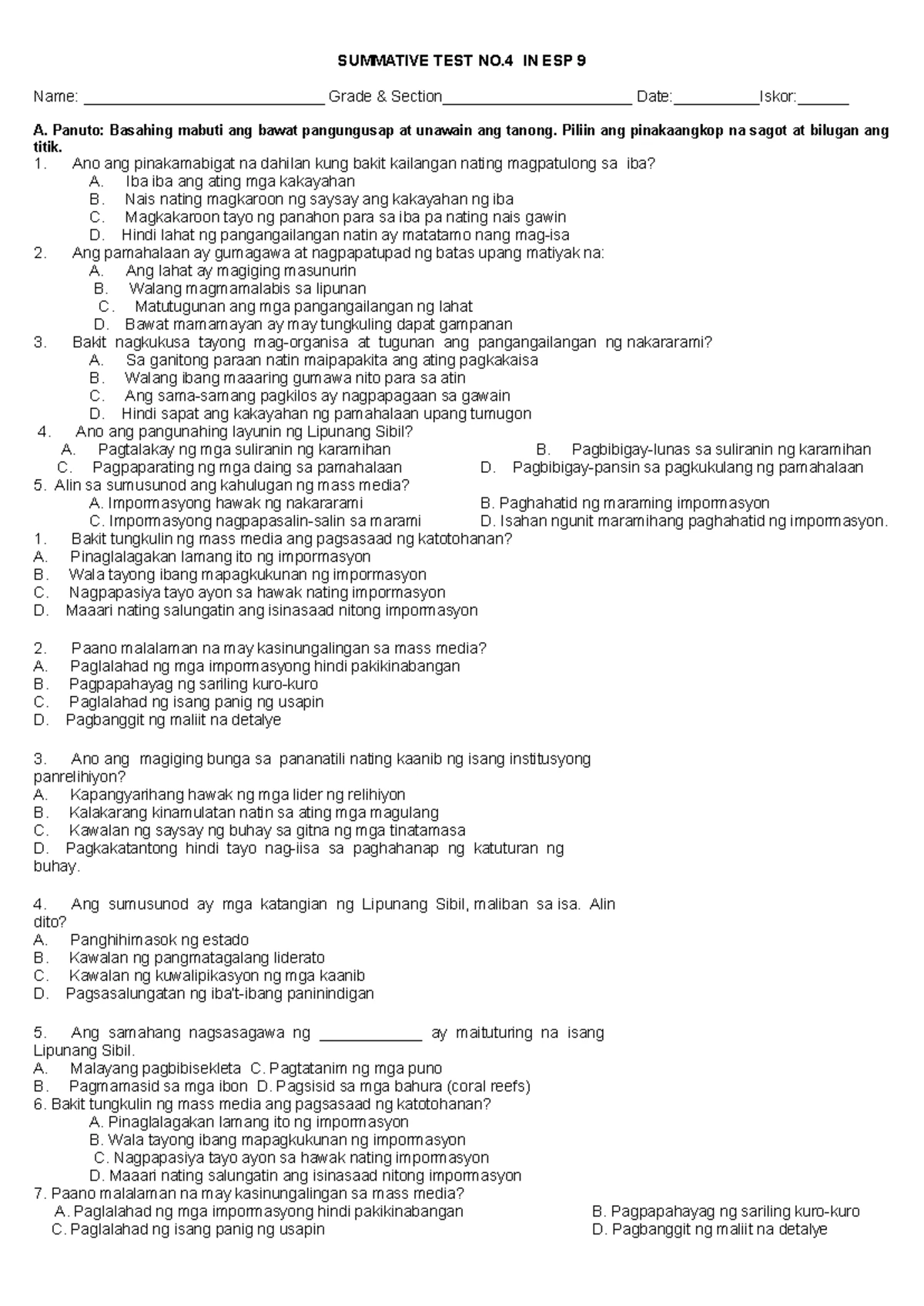 ESP 9 Summative Test No. 2 - Assessment Questions and Answers - Studocu