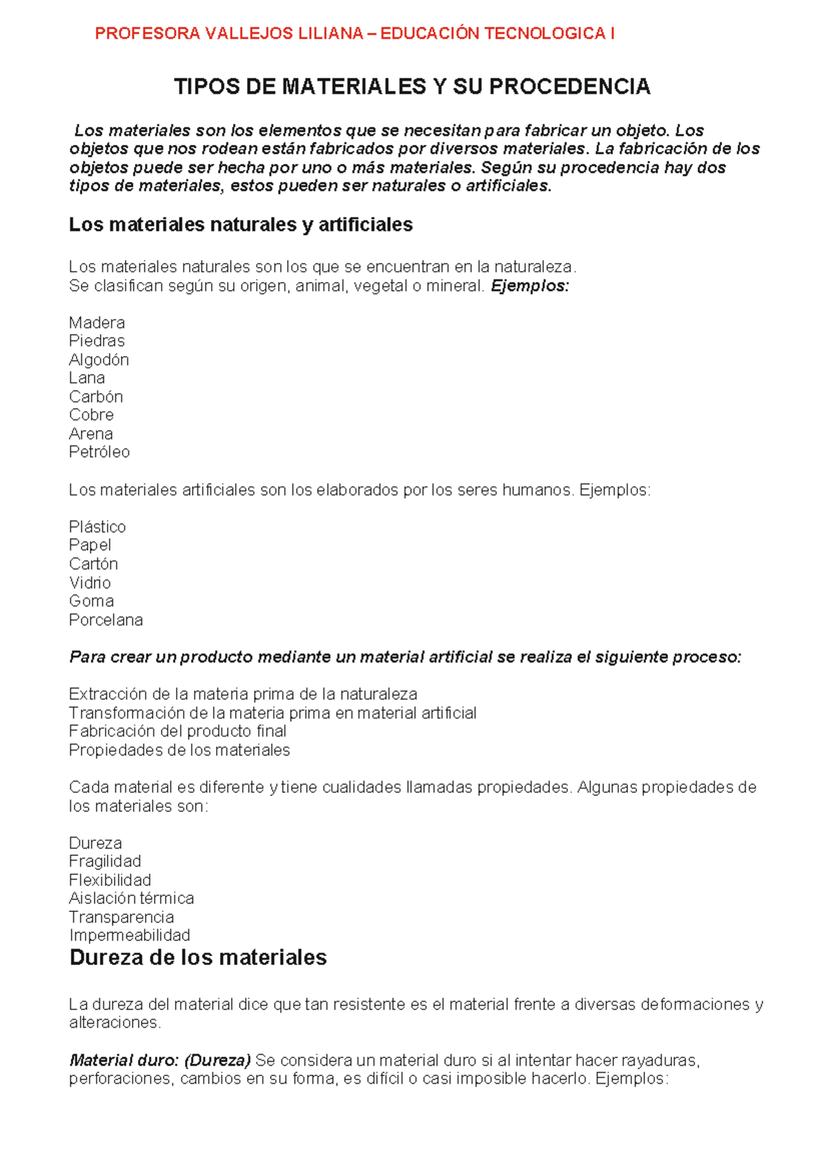 Materiales Naturales y Artificiales - EDUCACIÓN TECNOLOGICA I - Studocu