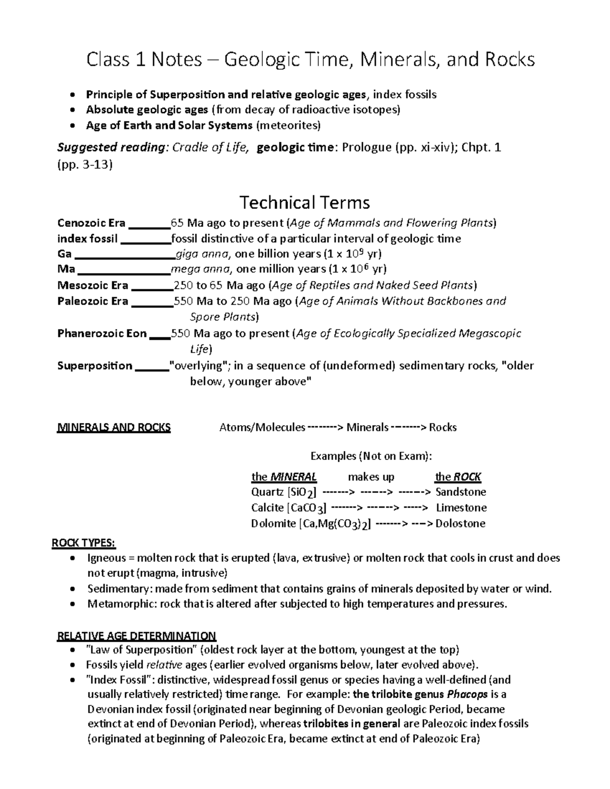Class 1 Notes – Geologic Time, Minerals, and Rocks - Class 1 Notes ...