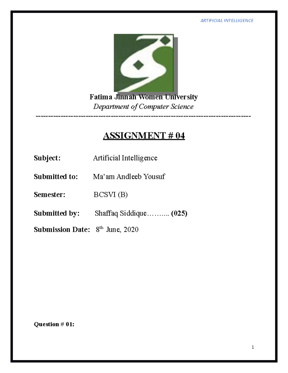 Assignment NO 4 (AI) - Fatima Jinnah Women University Department of ...
