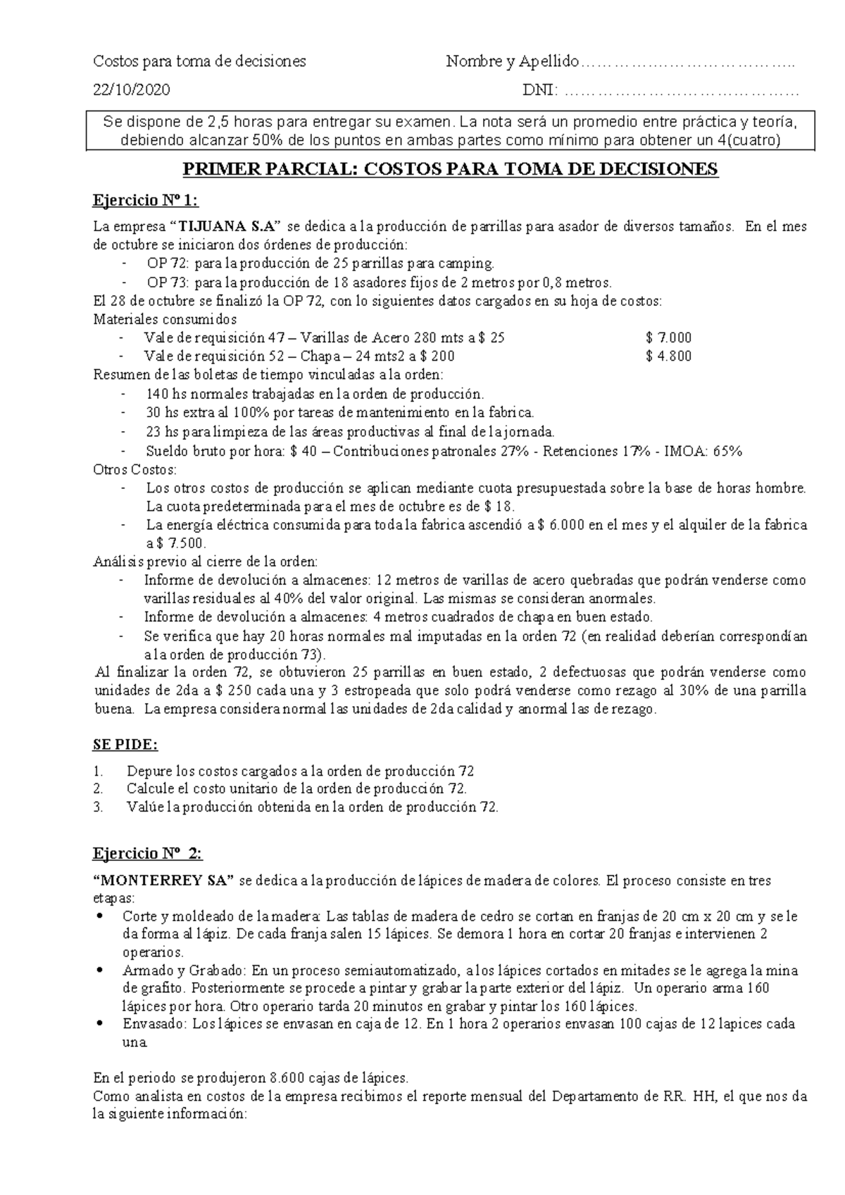 PRIMER PARCIAL: COSTOS PARA TOMA DE DECISIONES - Ejercicios y Análisis ...