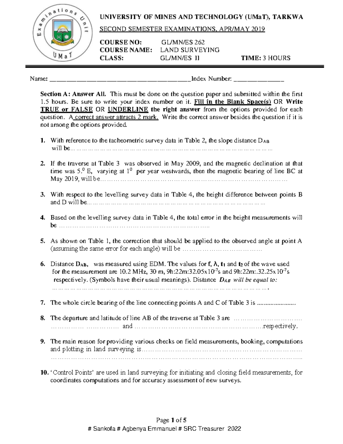 UMaT 262 Land Surveying II Final Exam Questions and Data Analysis - Studocu