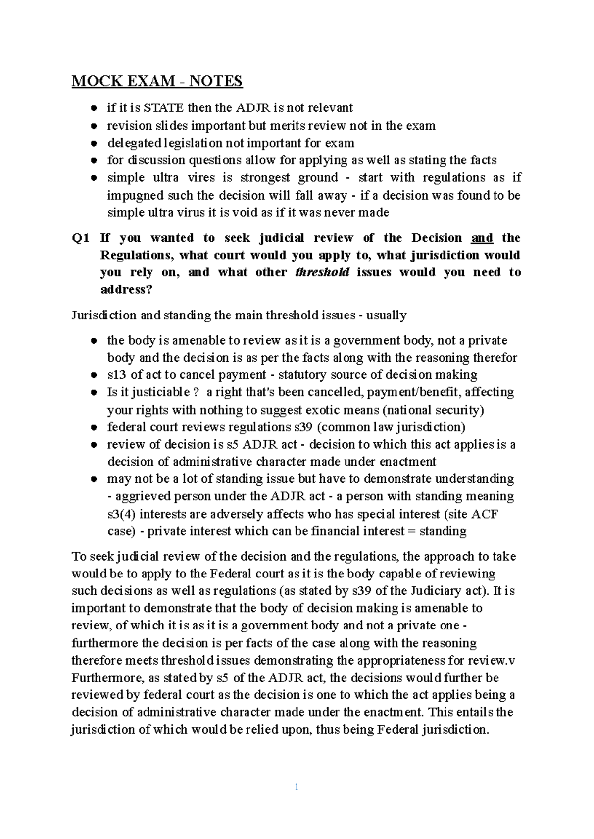 Admin Exam Notes: Key Concepts for Judicial Review & Ultra Vires - Studocu